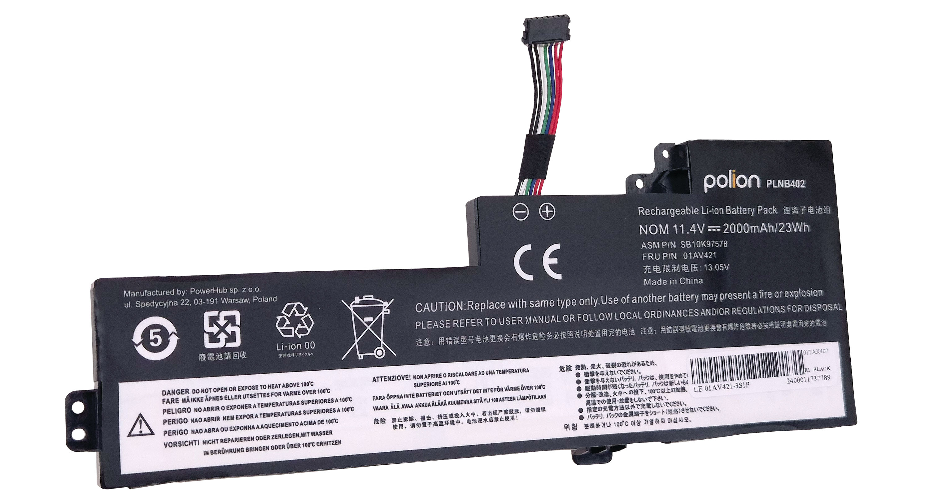 Czarny akumulator litowo-jonowy z kablami i symbolami ostrzegawczymi.