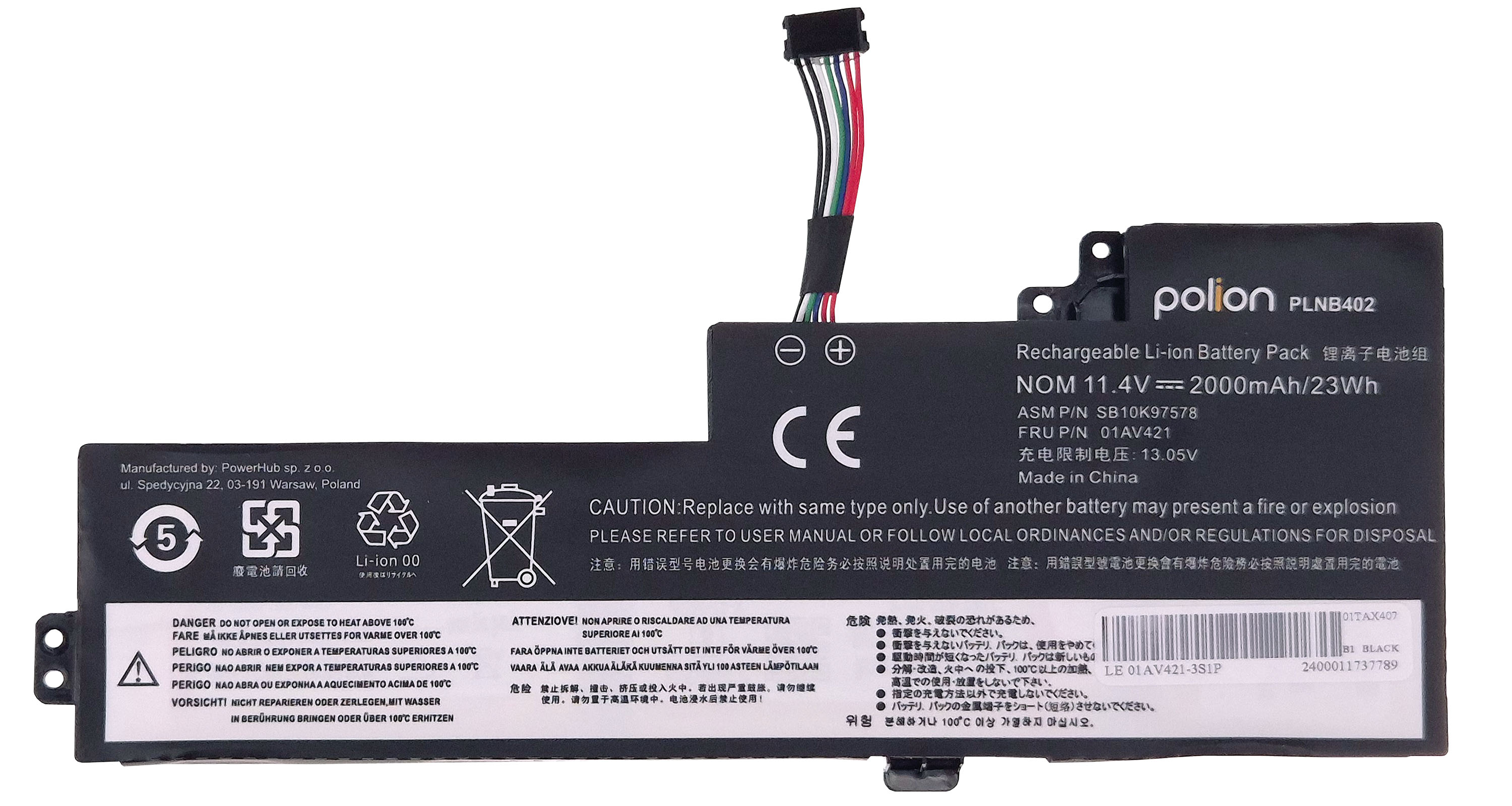 Czarny akumulator litowo-jonowy Polion z kablami i etykietami ostrzegawczymi.