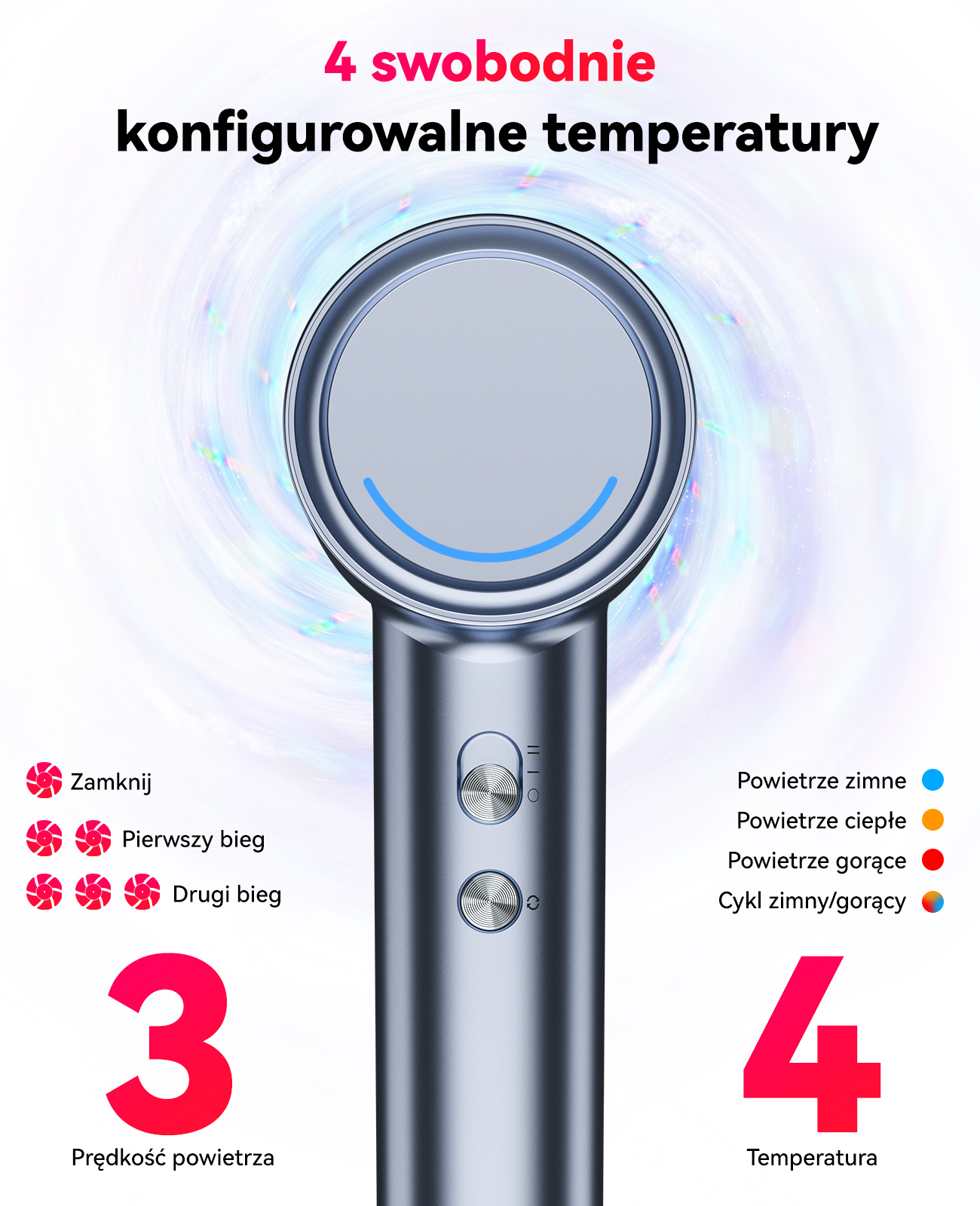 Srebrna suszarka do włosów z ustawieniami 4 temperatur i 3 prędkości.