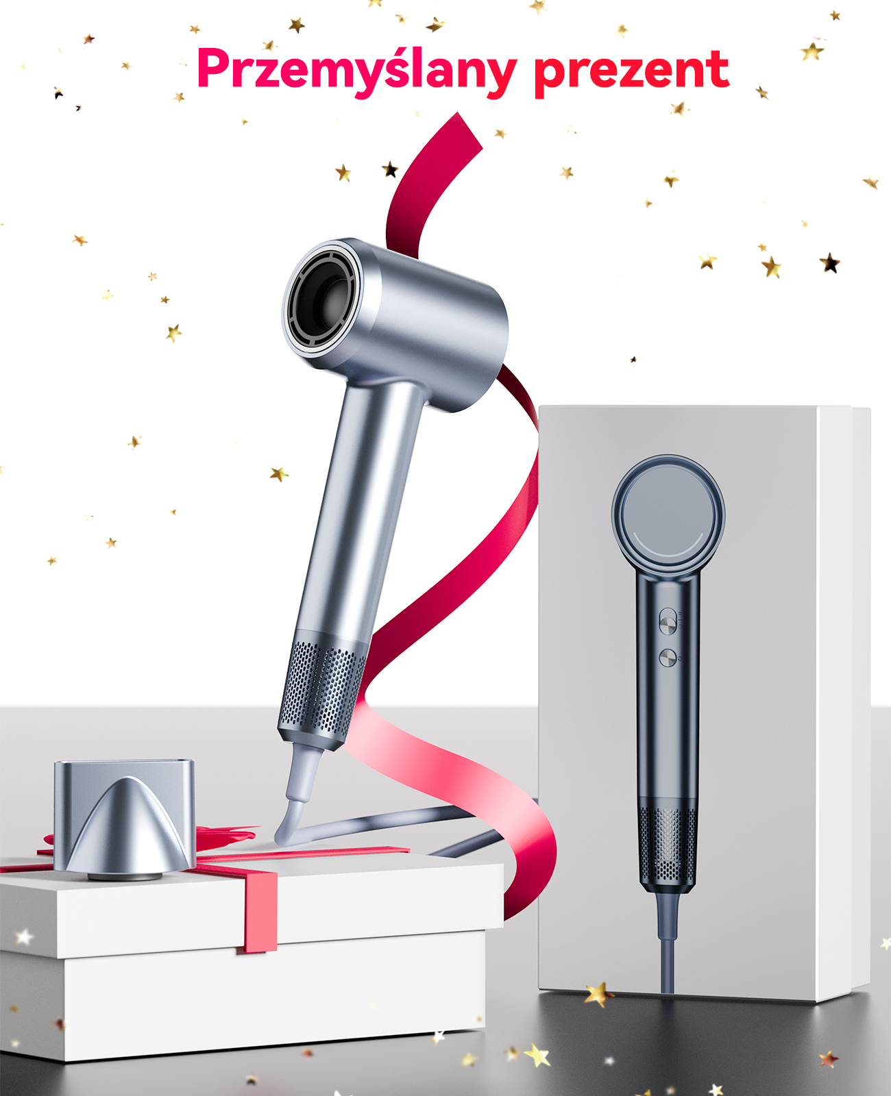 Srebrna suszarka do włosów z akcesoriami na pudełku prezentowym.