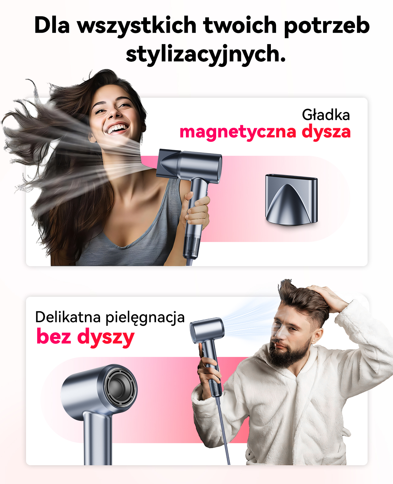 Kobieta z suszarką, mężczyzna z suszarką i nasadką. Reklama pielęgnacji włosów.