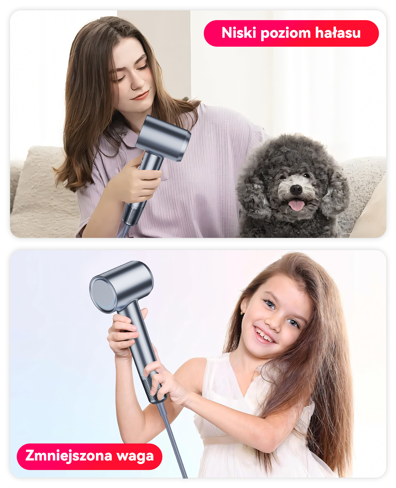 Kobieta z suszarką i psem, dziecko z suszarką.