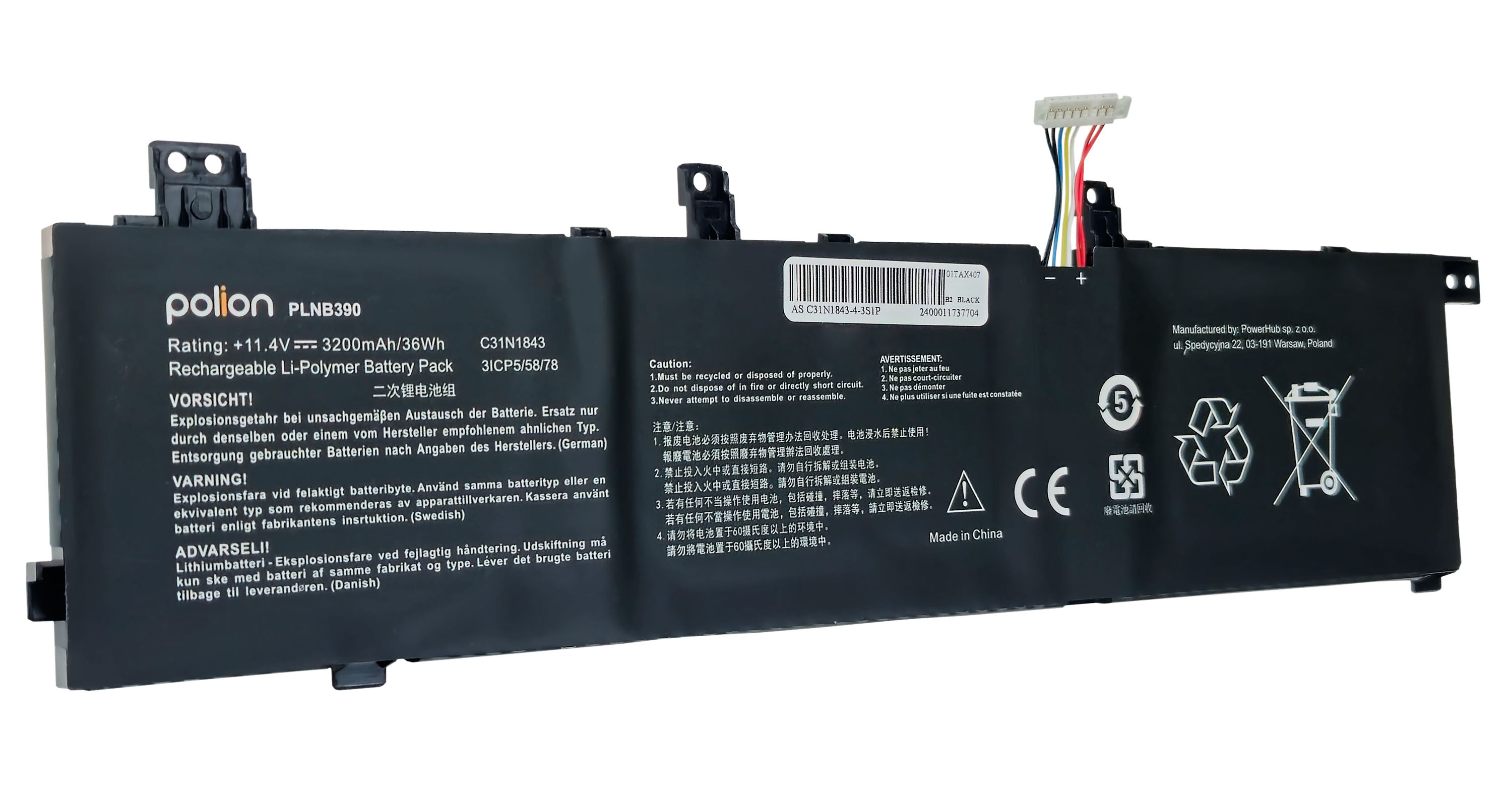 Czarny akumulator do laptopa z kablami i etykietami ostrzegawczymi.