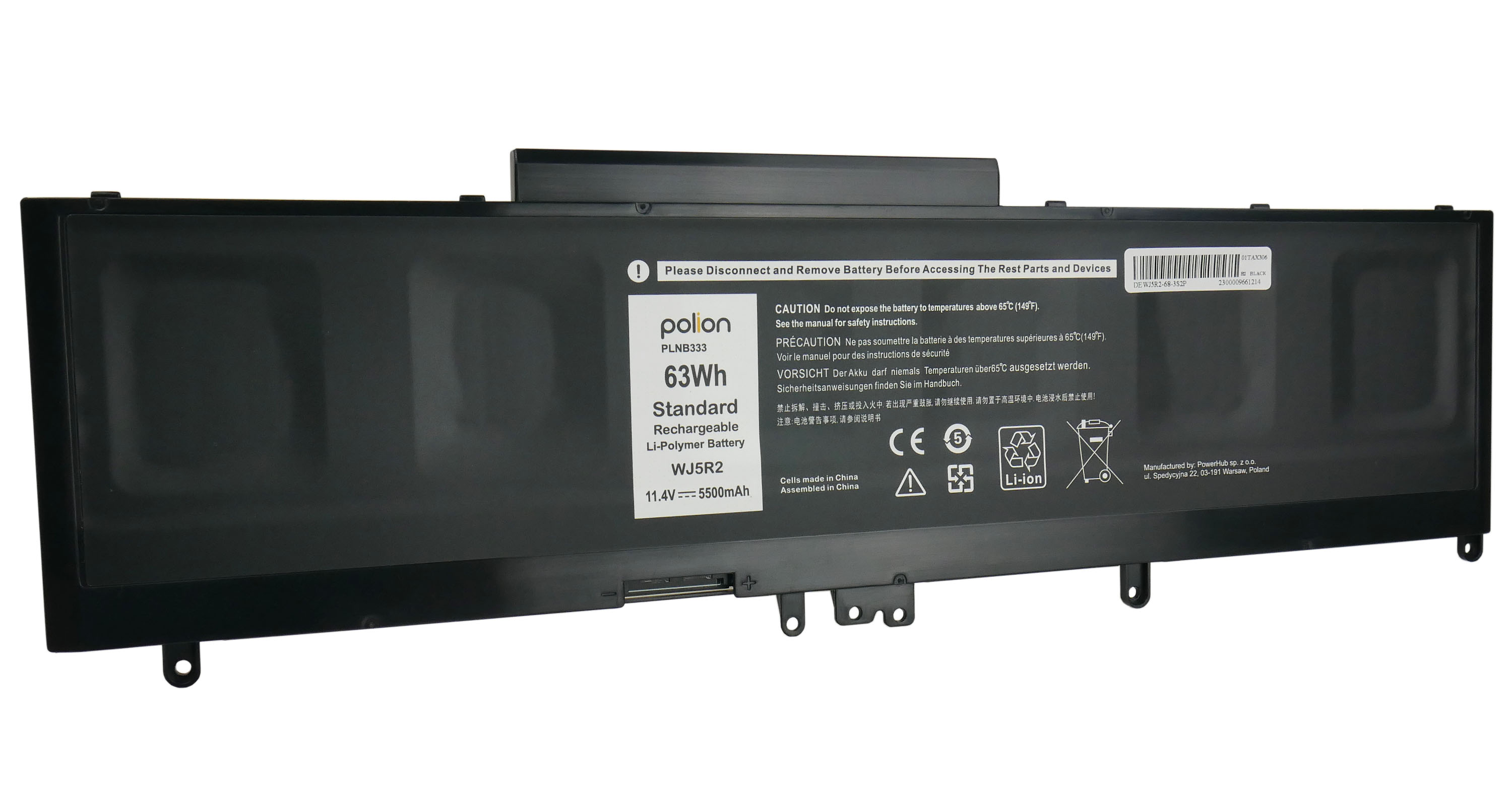 Czarna bateria litowo-polimerowa, model WJ5R2, 63Wh, 11.4V, 5500mAh.