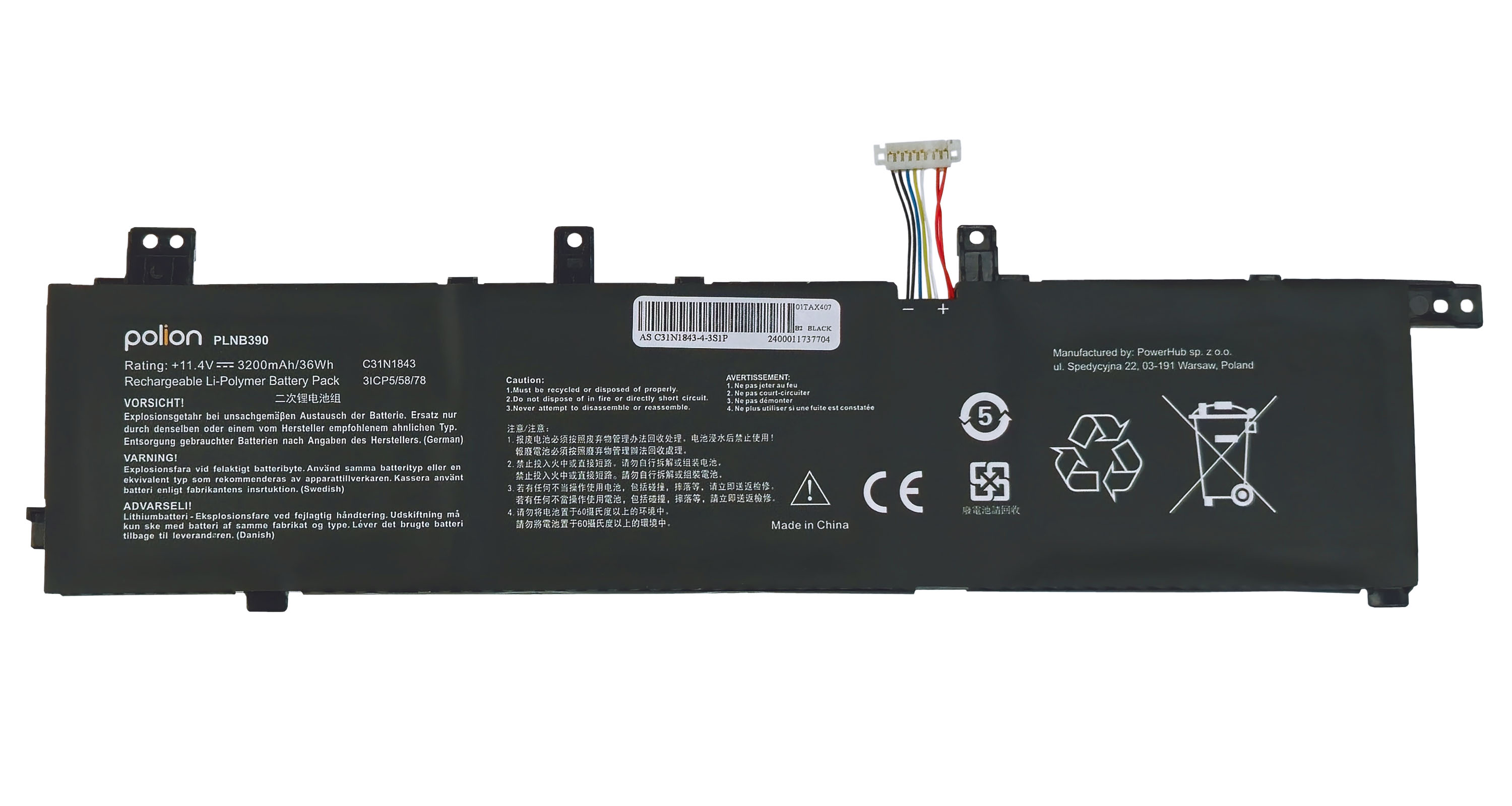 Czarna bateria z kablami i symbolami ostrzegawczymi. Informacje producenta w gornym prawym rogu.