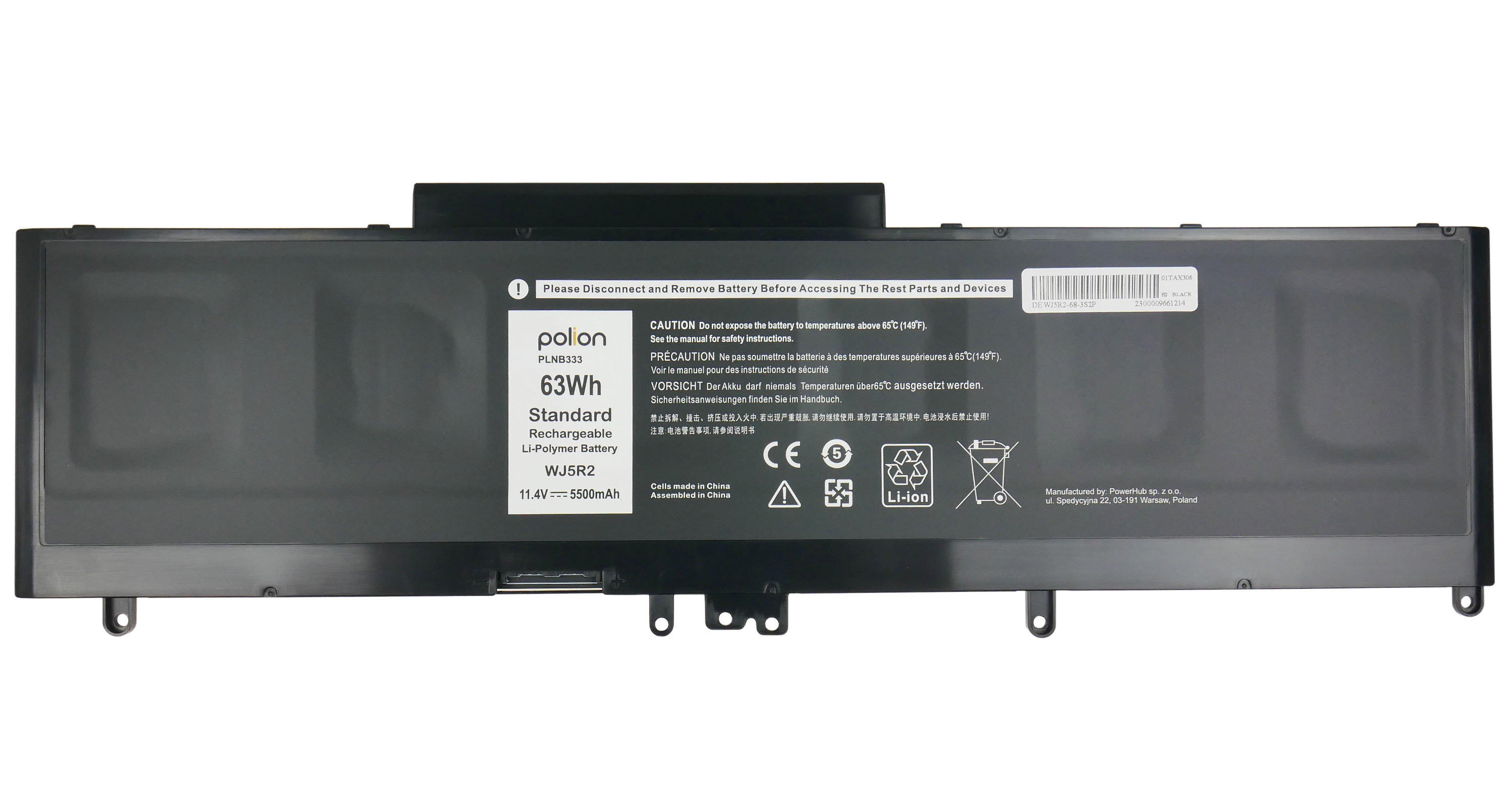 Czarna bateria do laptopa z napisami: 63Wh, Li-Polimer, WJ5R2, 11.4V 5500mAh.