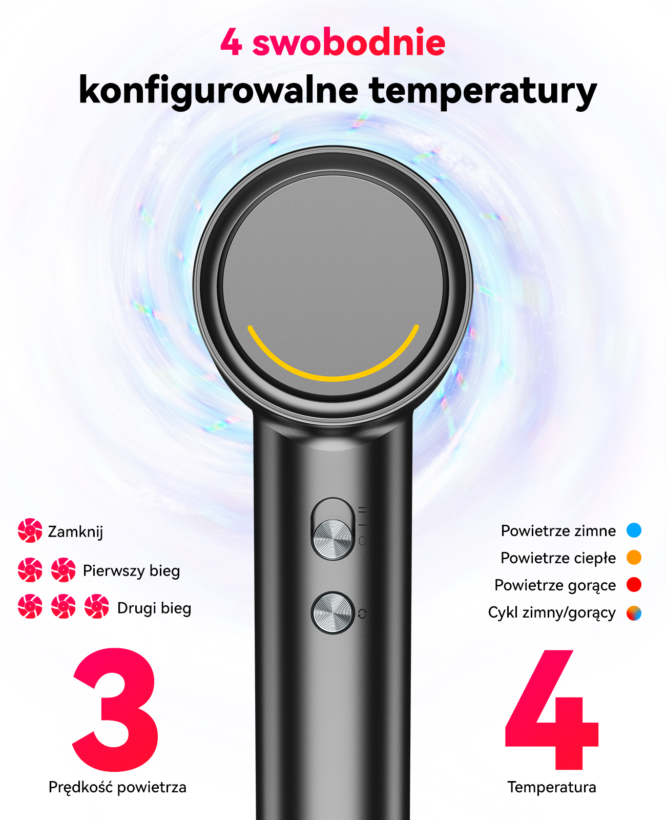 Ciemna suszarka do włosów pokazująca opcje prędkości i temperatury.