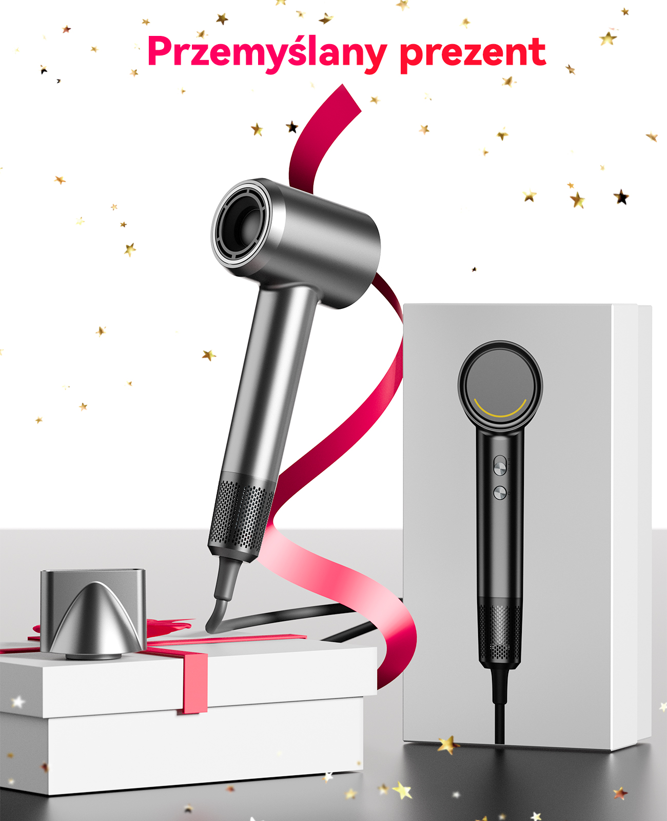 Srebrna suszarka do włosów z czerwoną wstążką. Obok czarna wersja w pudełku.