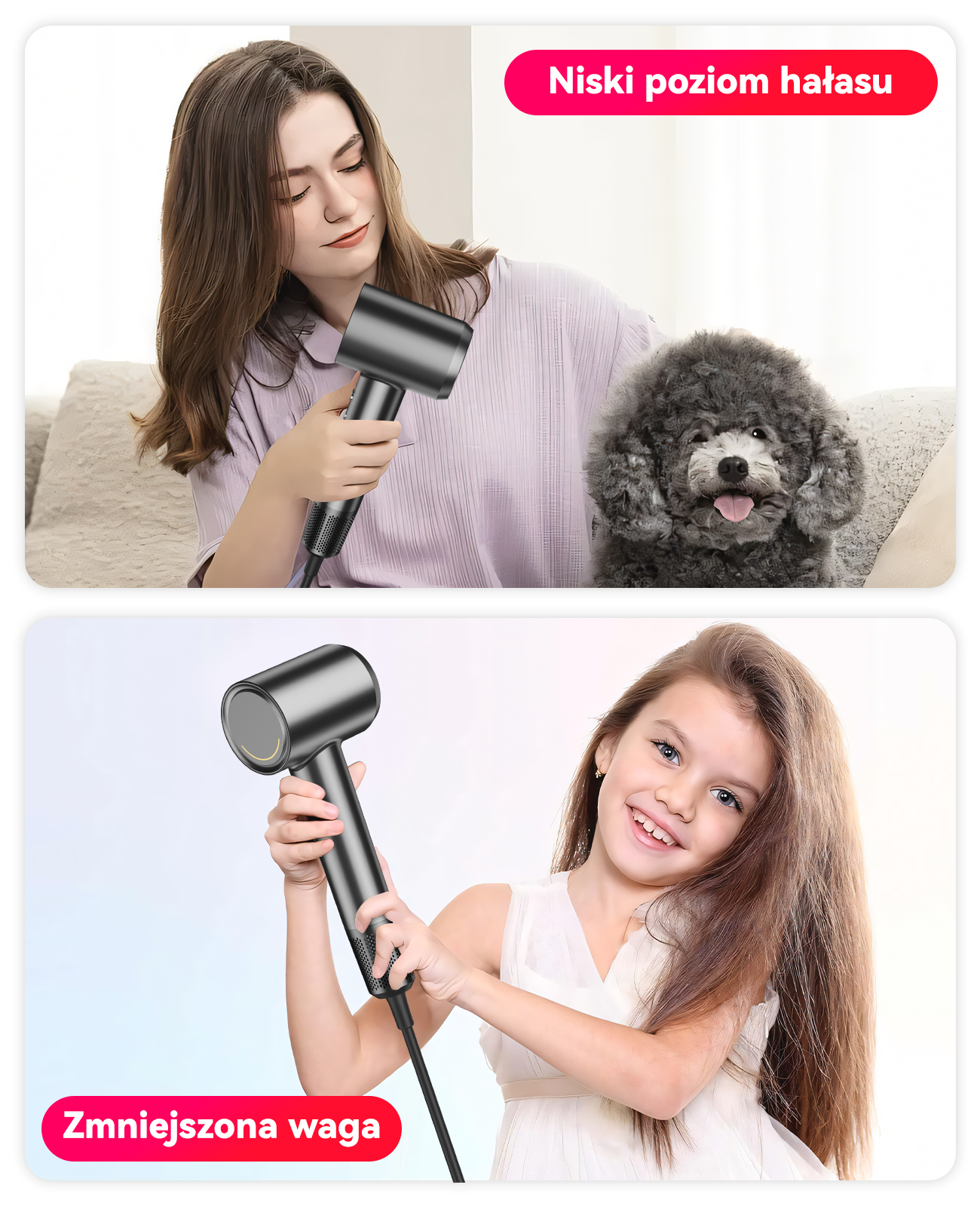 Kobieta z suszarką i psem u góry, dziewczynka z suszarką na dole.