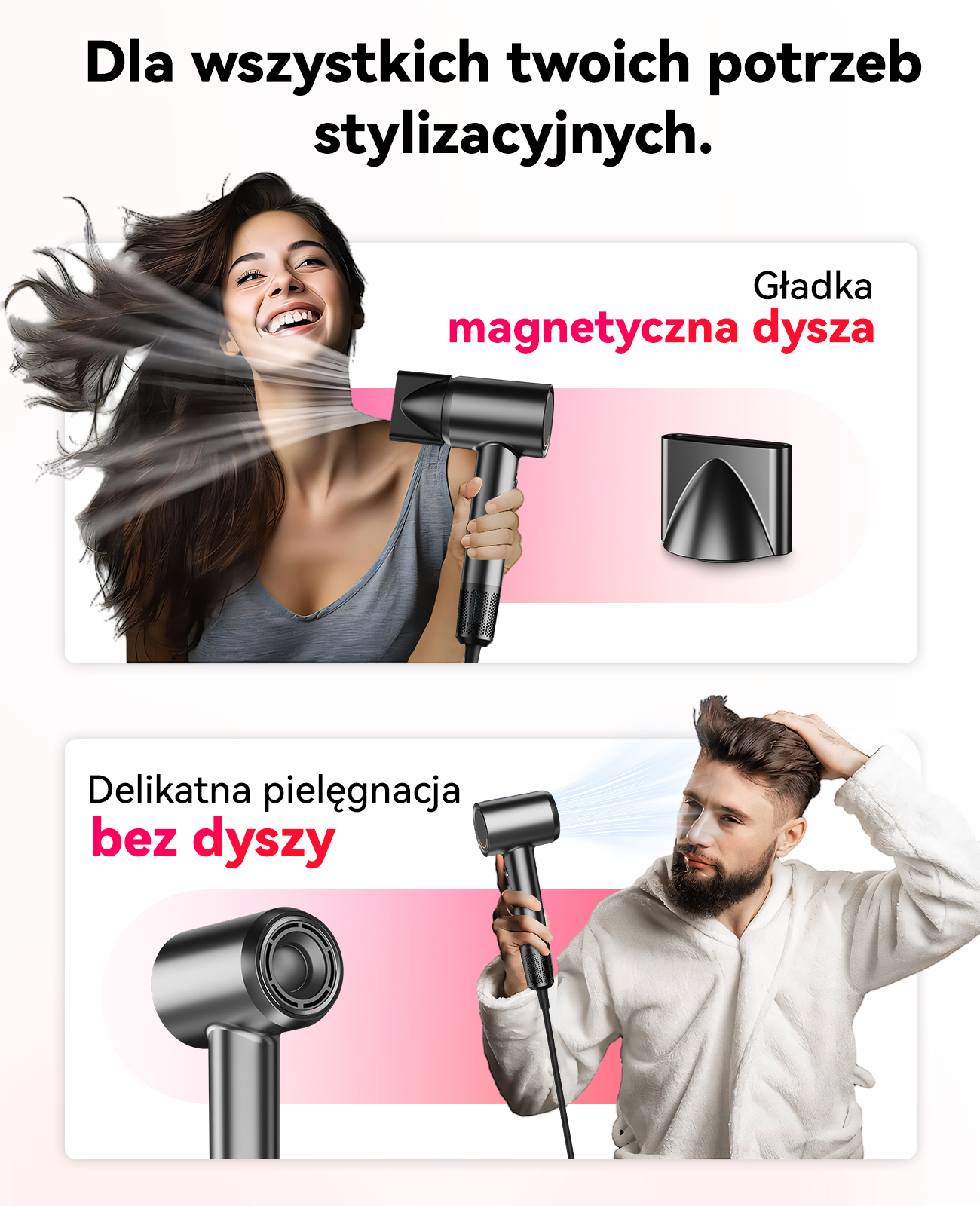 Kobieta z suszarką, mężczyzna z suszarką i nasadką.