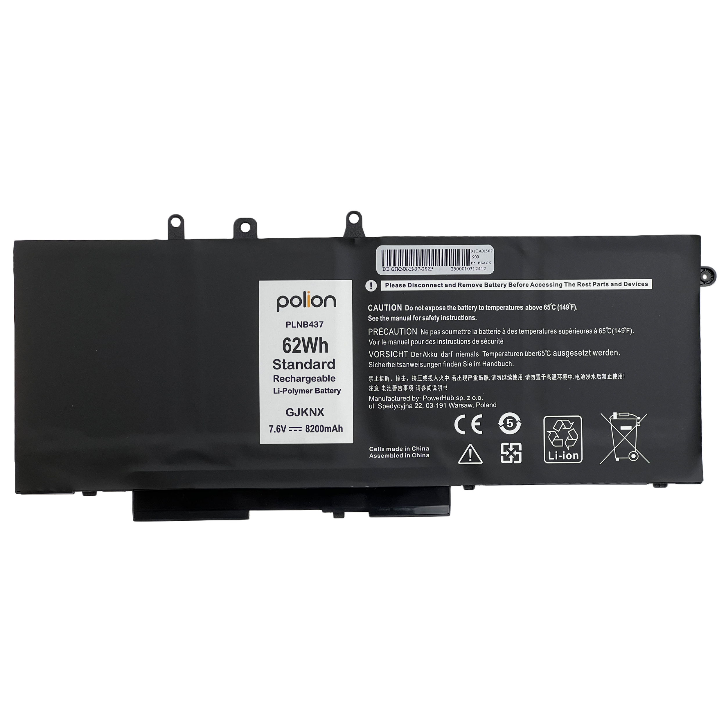 Czarna bateria do laptopa Polion, 62Wh, 7.6V, 8200mAh z symbolami ostrzegawczymi.