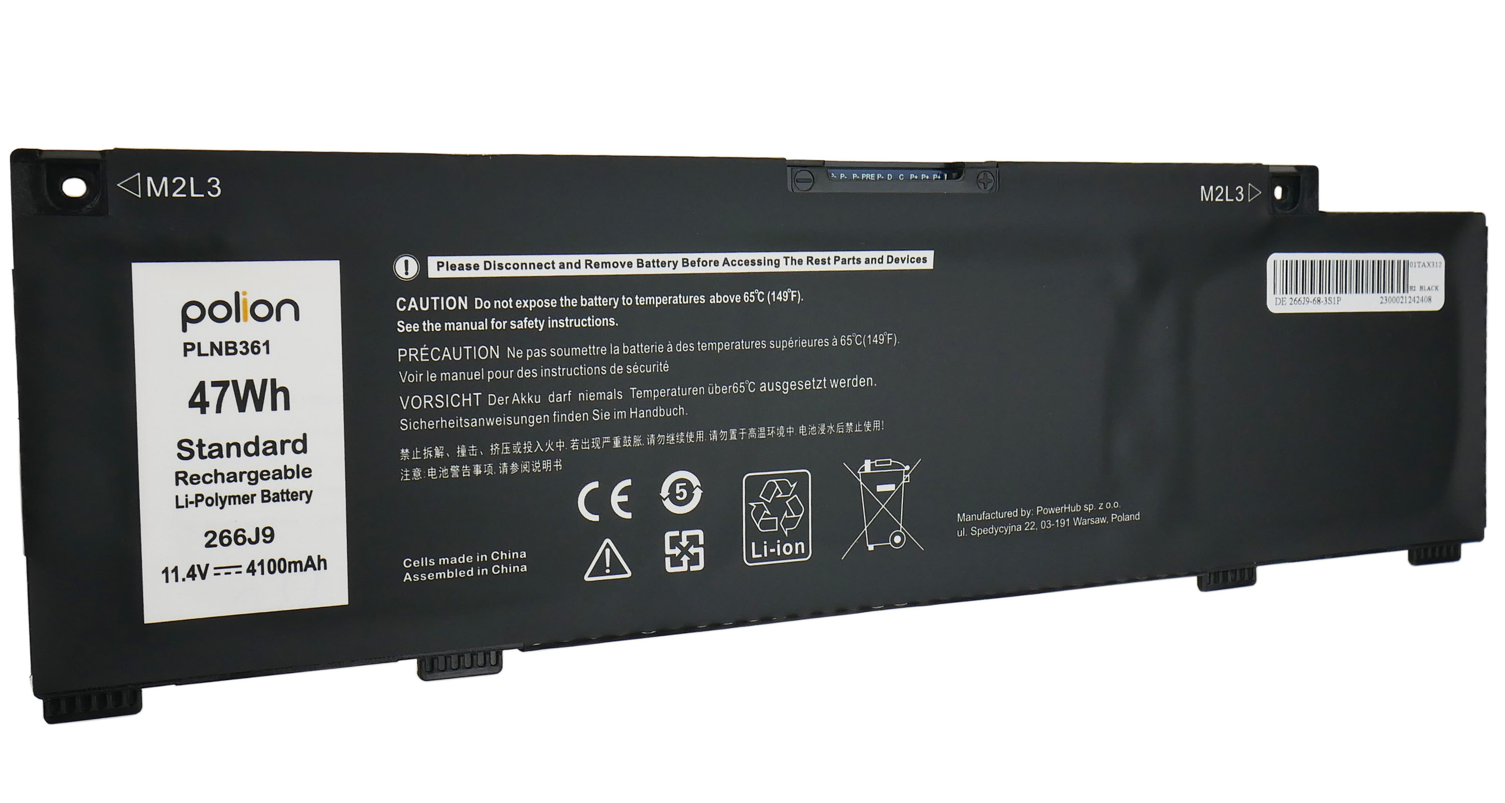 Czarna bateria Li-Polimer, 47Wh, 11.4V, 4100mAh, z ostrzeżeniami.