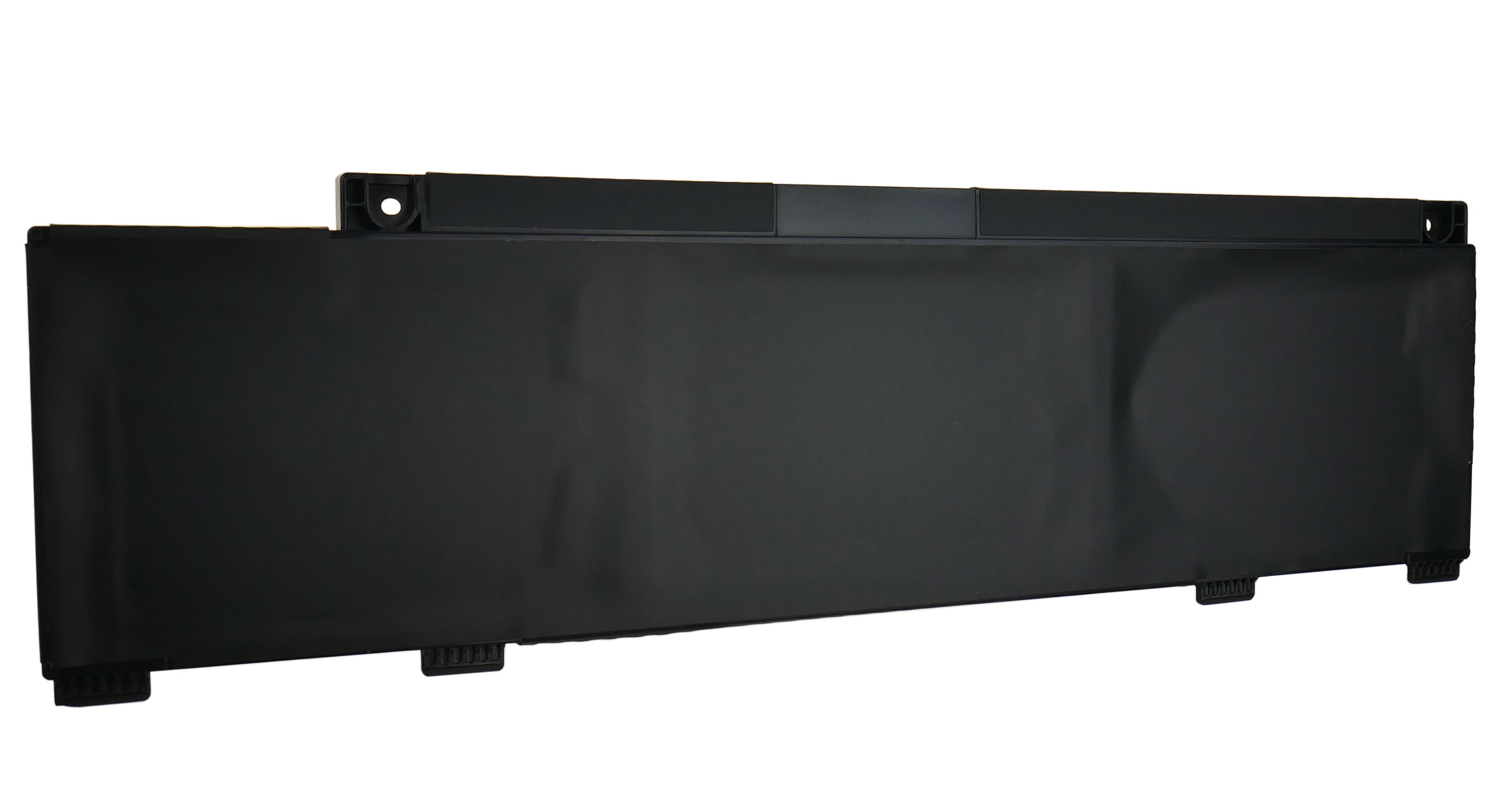 Czarna bateria do laptopa z zaczepami montażowymi na dolnej krawędzi.