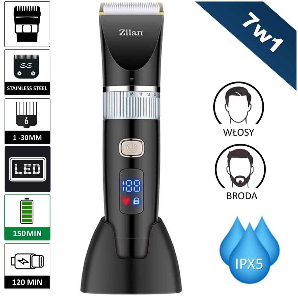 Czarna maszynka do strzyżenia włosów z wyświetlaczem LED, akcesoriami i symbolem IPX5.