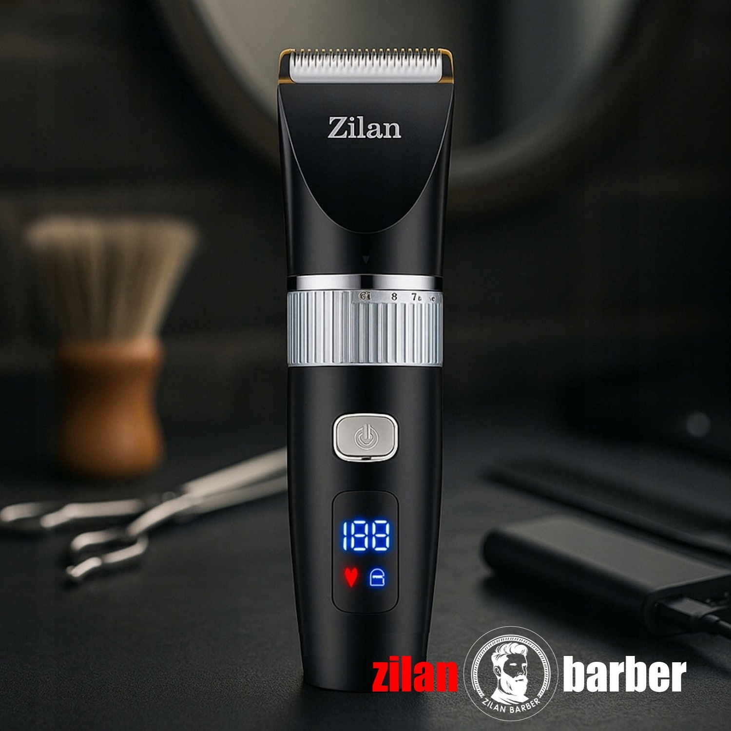 Czarna maszynka do strzyżenia z cyfrowym wyświetlaczem, nożycami i szczotką.