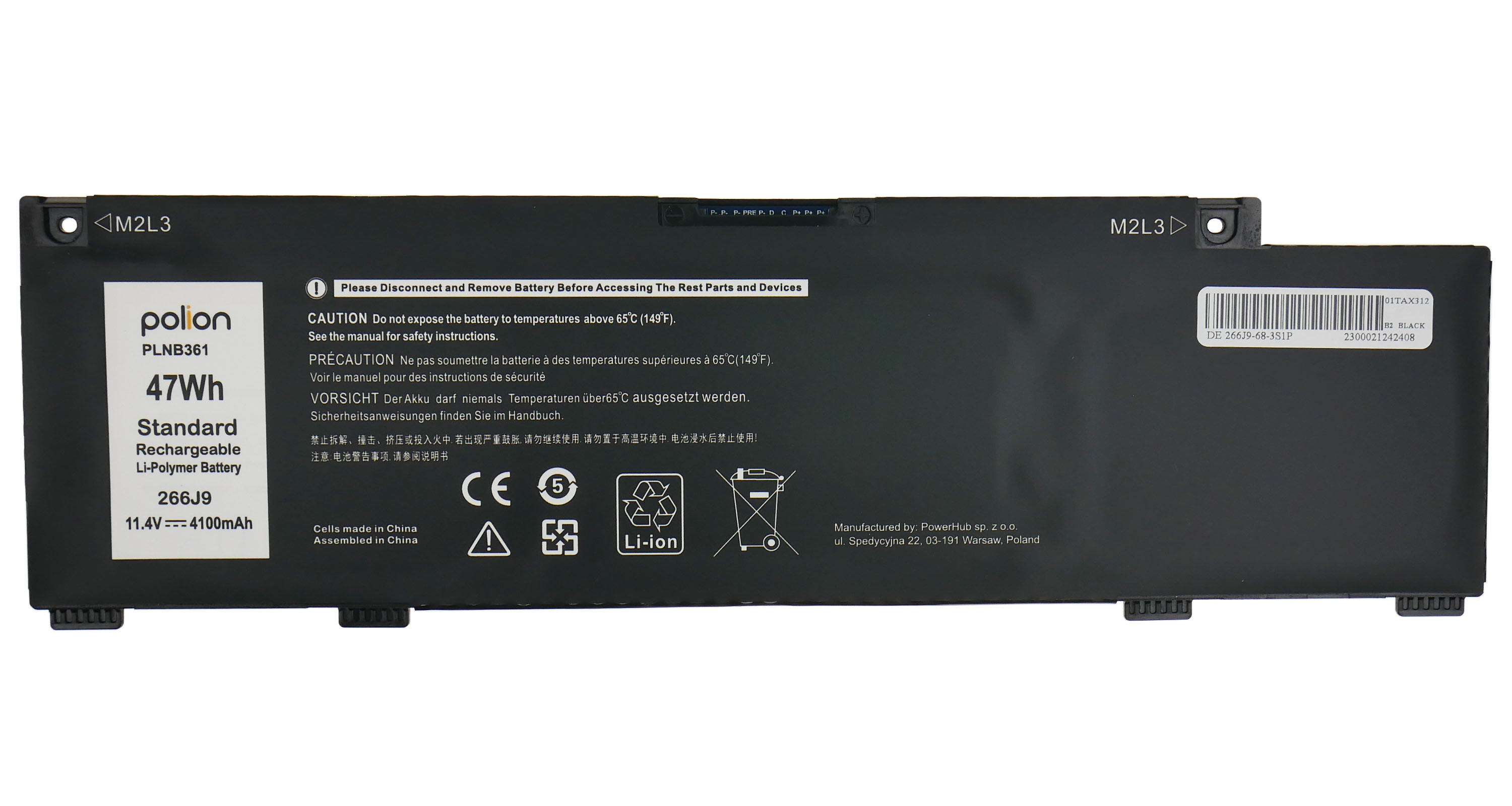 Czarna bateria ze szczegółami technicznymi i symbolami ostrzegawczymi.