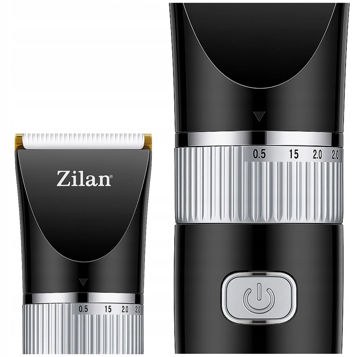 Zbliżenie czarnej maszynki do strzyżenia włosów ze srebrnymi akcentami i oznaczeniami długości.