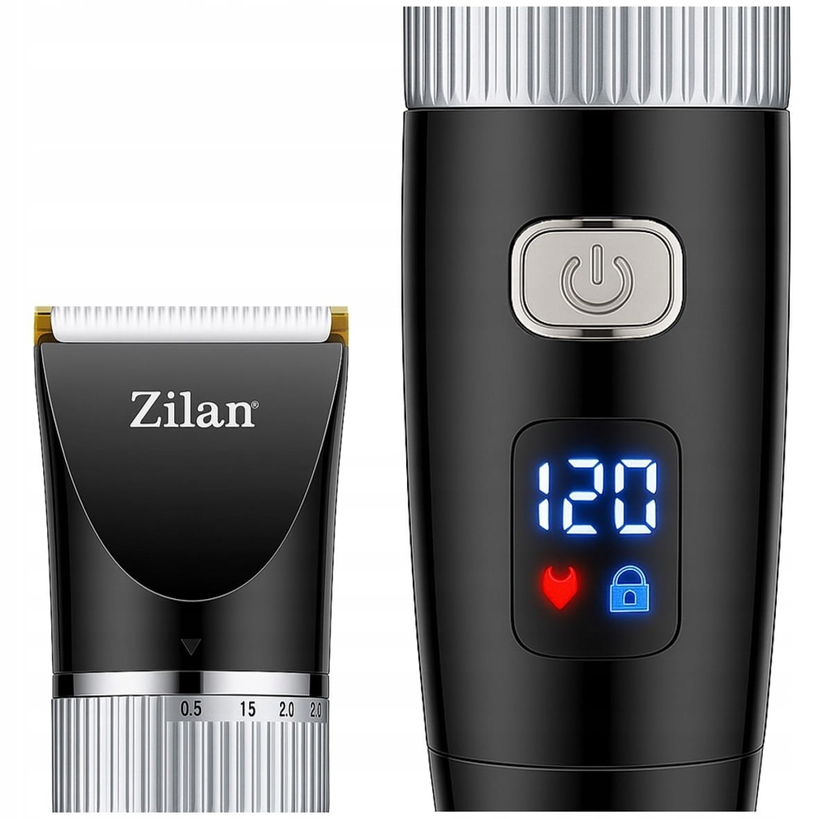 Zbliżenie czarnej maszynki do strzyżenia włosów z cyfrowym wyświetlaczem i logo Zilan.