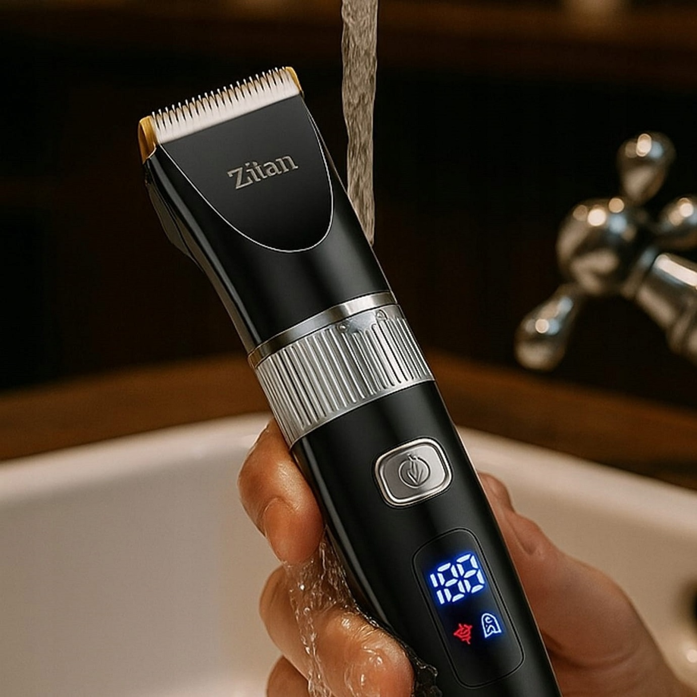Czarna maszynka do strzyżenia włosów pod bieżącą wodą w dłoni, z cyfrowym wyświetlaczem.