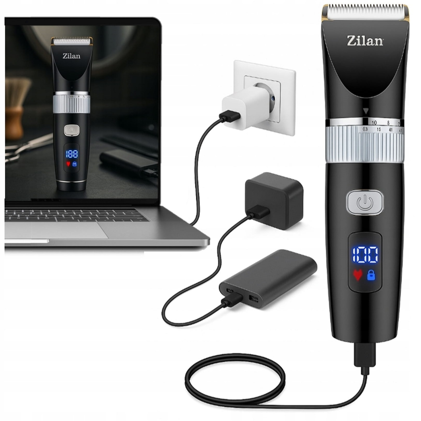 Czarna maszynka do strzyżenia włosów ładuje się przez kabel USB podłączony do powerbanku.