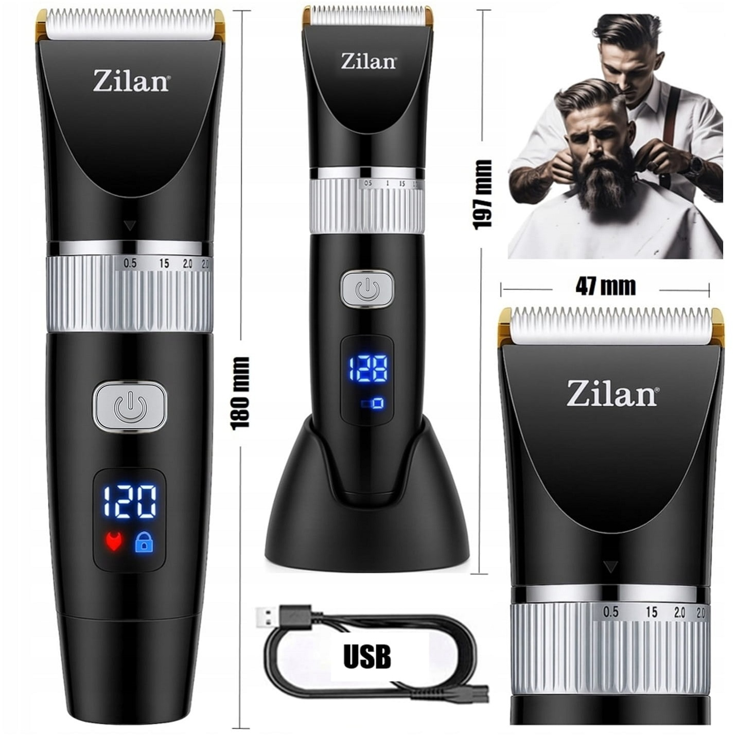 Trymer Zilan w kolorze czarnym z cyfrowym wyświetlaczem i kablem USB.