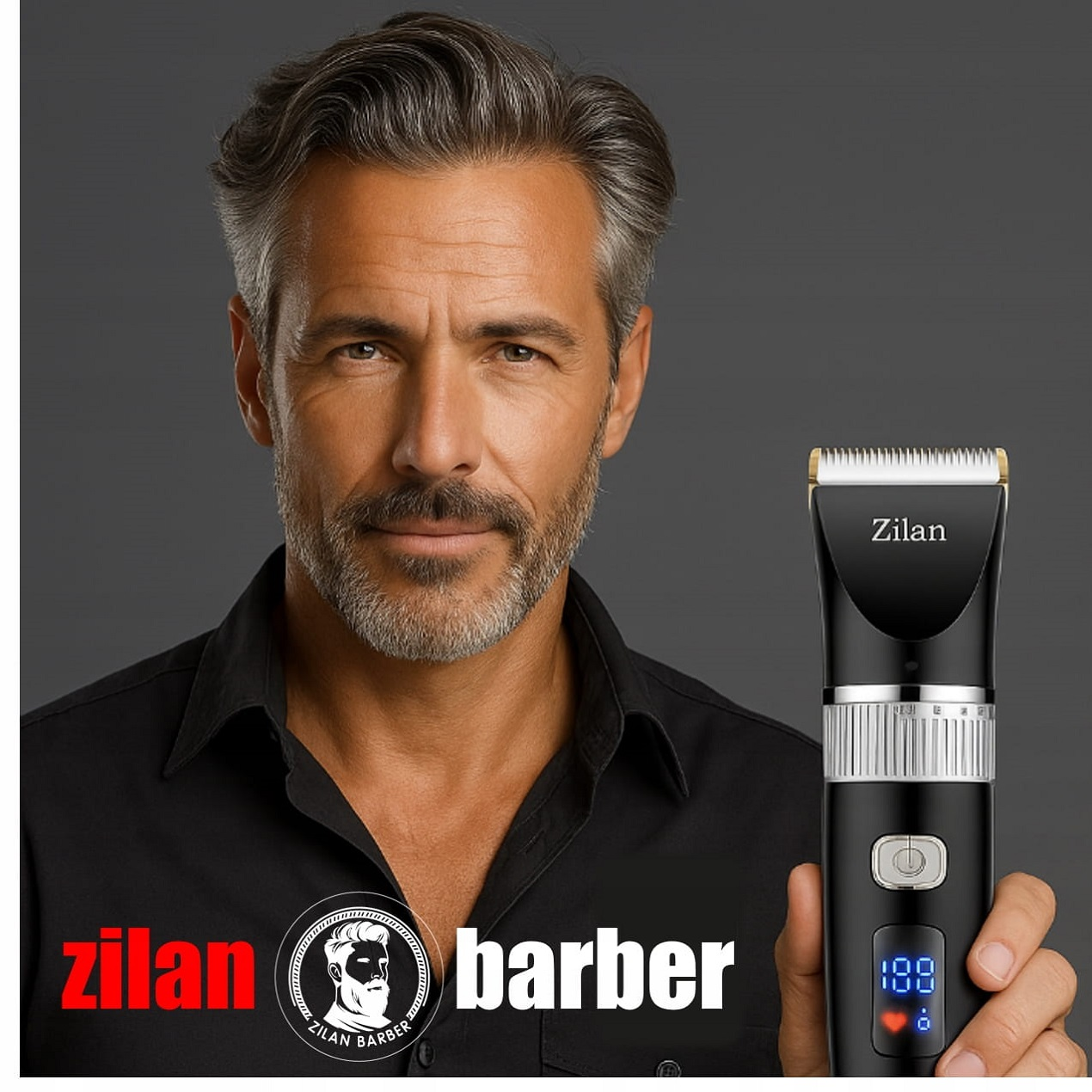 Mężczyzna z siwymi włosami trzyma czarną maszynkę do strzyżenia z cyfrowym wyświetlaczem.