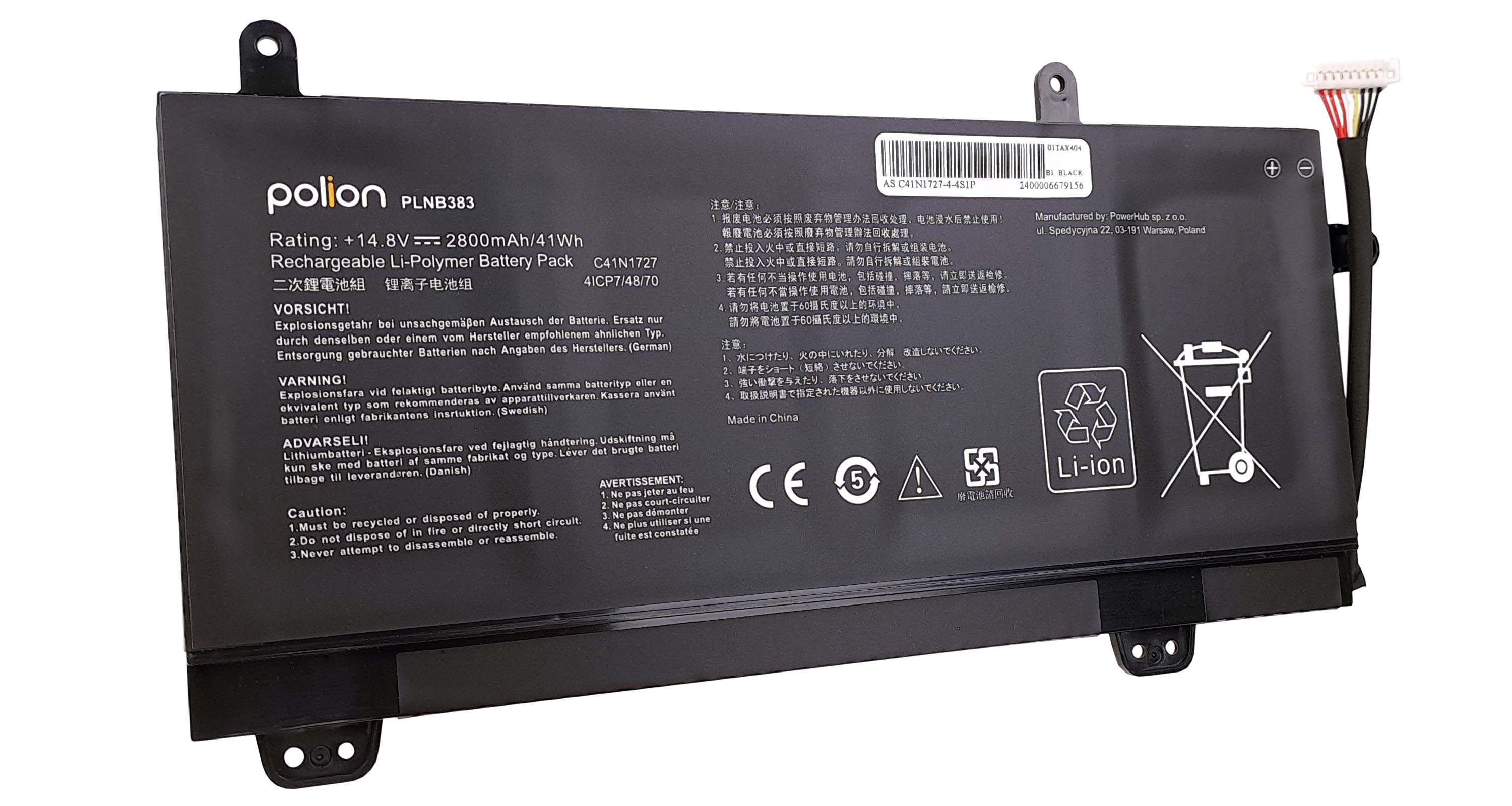 Czarna bateria litowo-jonowa Polion z kablami i etykietami.