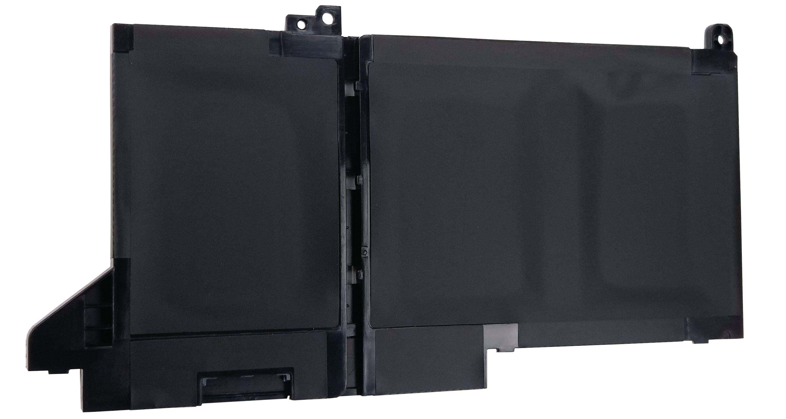 Czarna, dwuczęściowa bateria do laptopa z zaczepami.