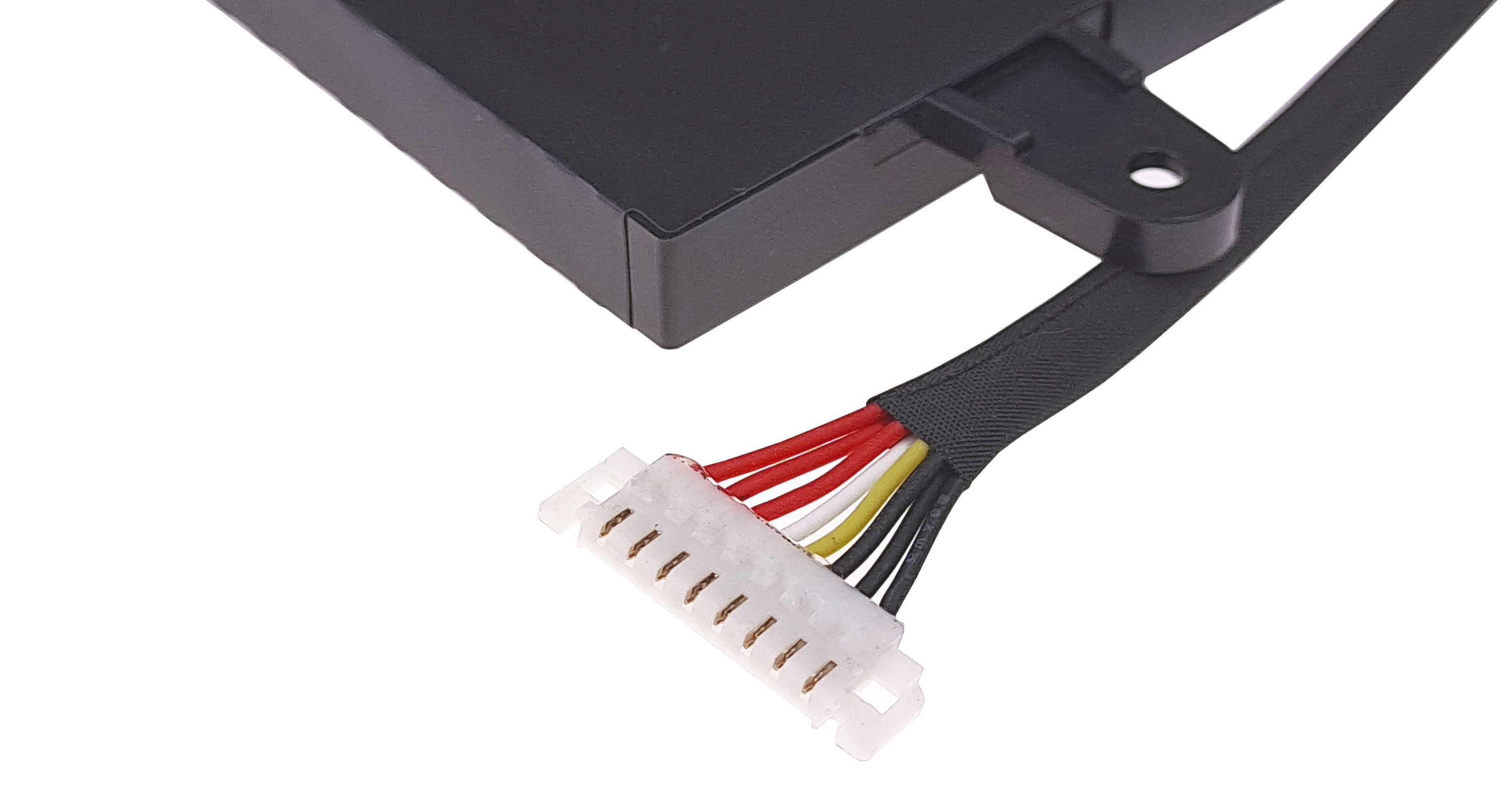 Czarna bateria laptopa z białym złączem i kolorowymi przewodami: czerwony, żółty, biały, czarny.