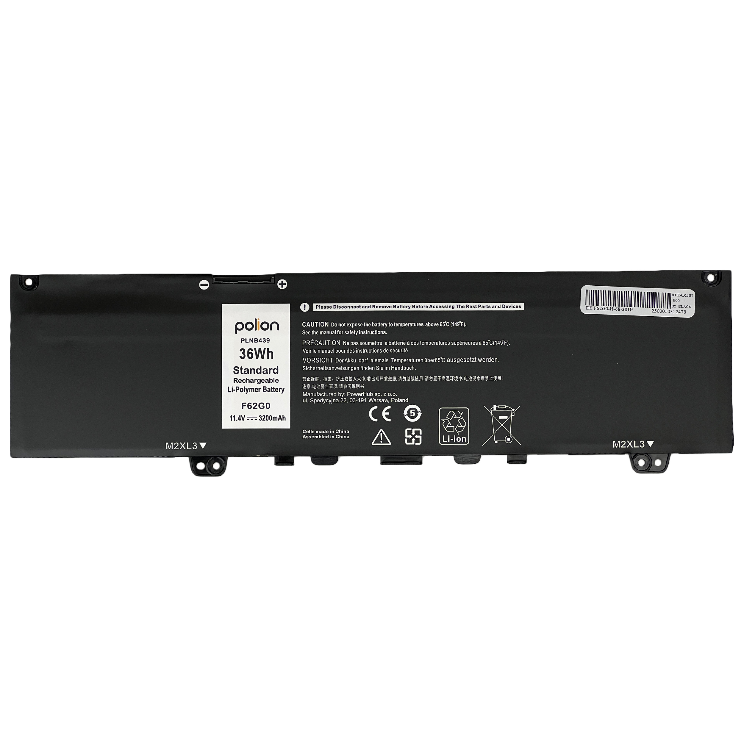 Czarna bateria do laptopa, 36Wh, 11.4V, 3200mAh, z etykietami ostrzegawczymi.