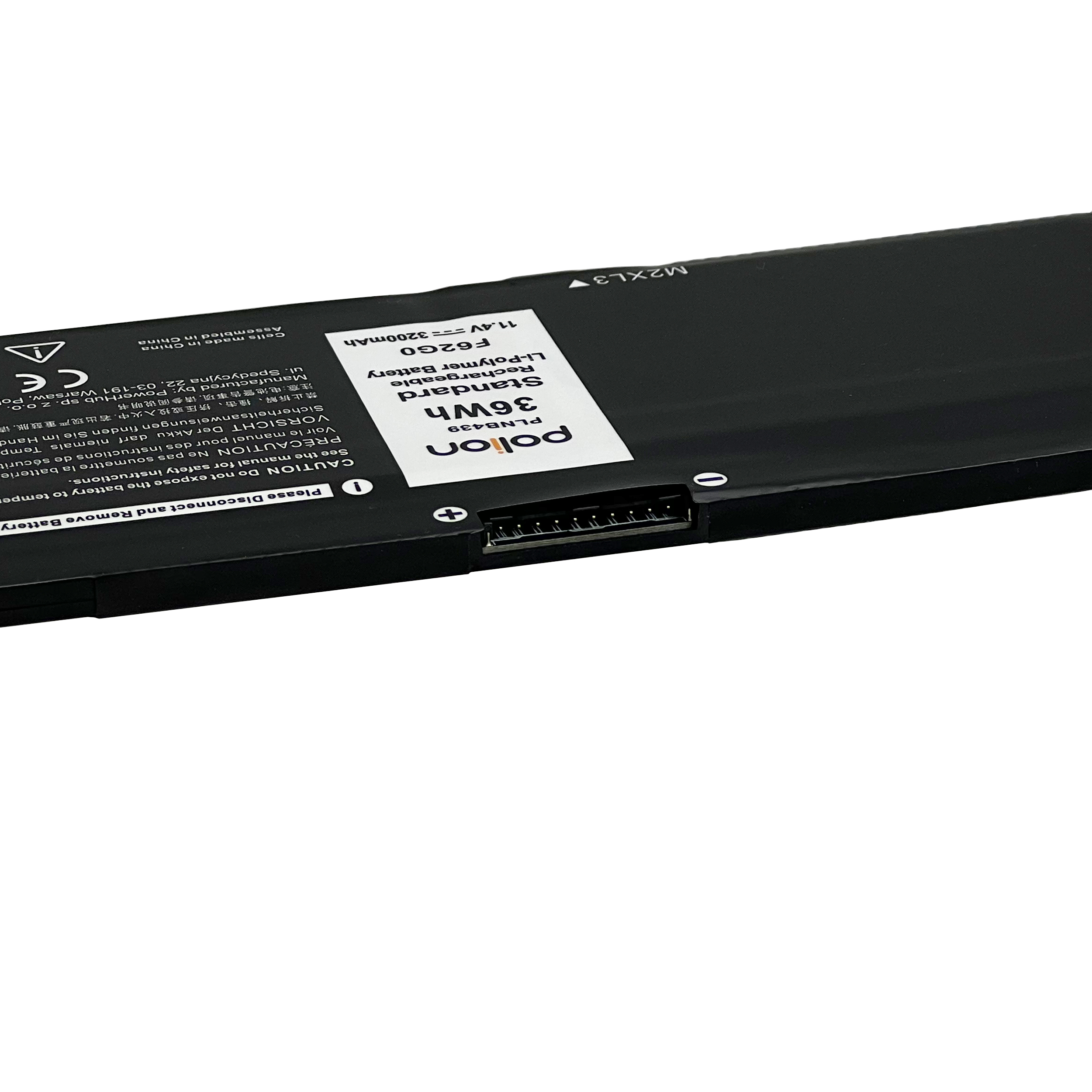 Czarna bateria z etykietami pokazującymi specyfikacje, takie jak 36Wh, 11.4V i model F62G0.