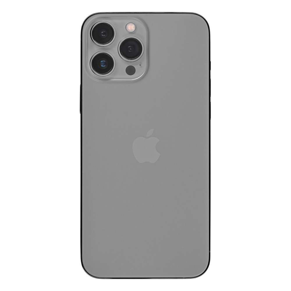 iPhone grigio con tripla fotocamera posteriore e logo Apple.