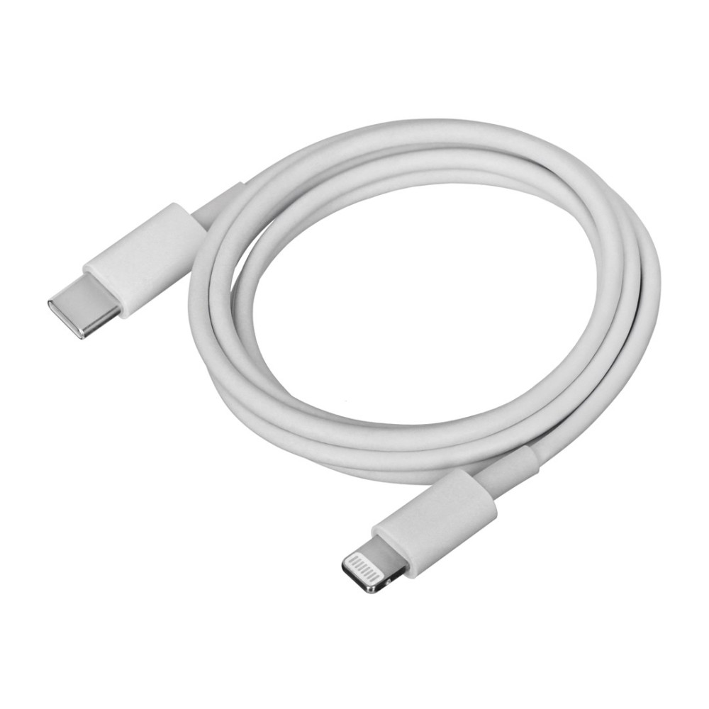Un cavo da USB-C a Lightning bianco giace su sfondo bianco.