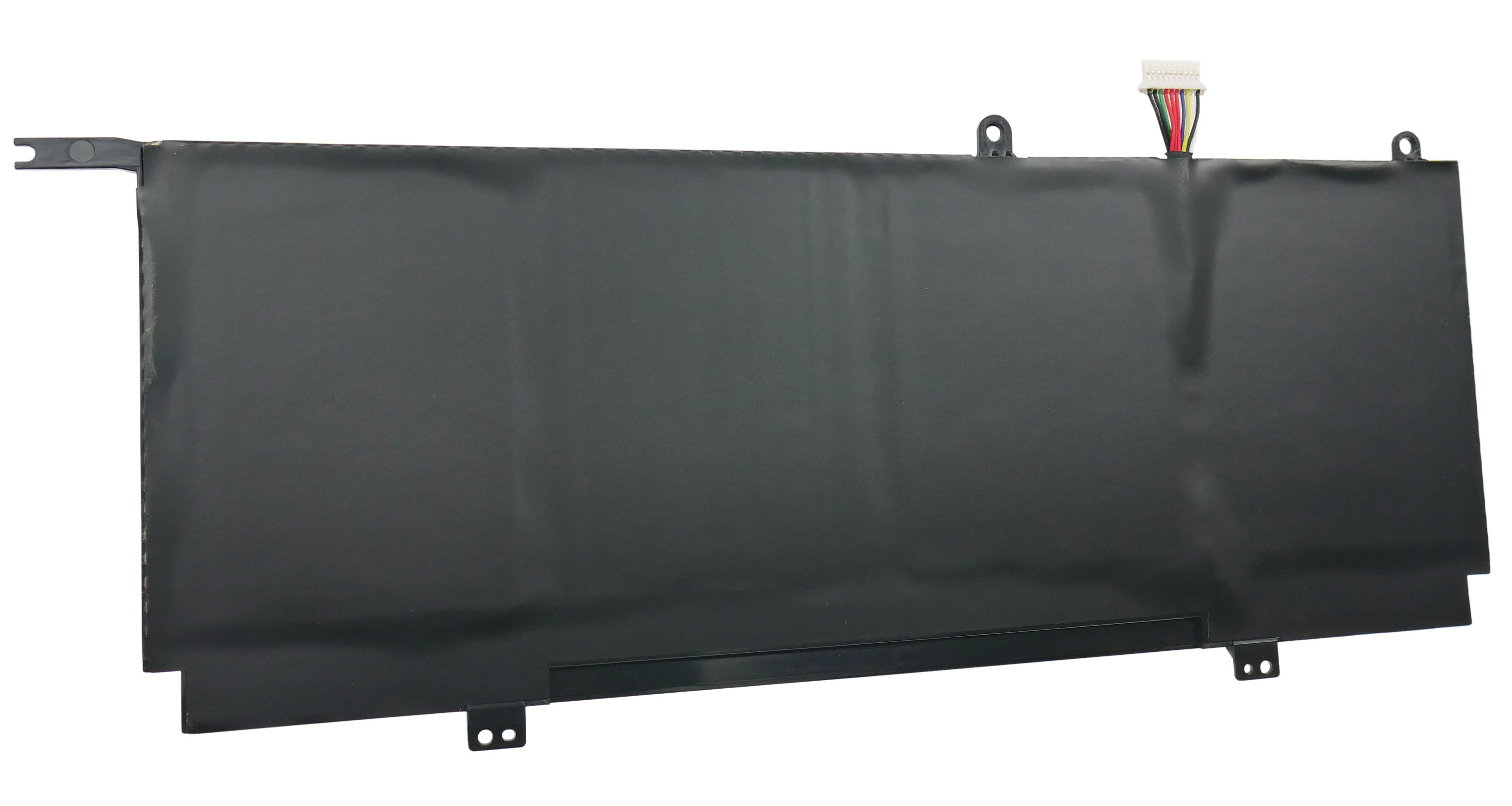 Czarna bateria do laptopa z białym złączem i kolorowymi przewodami.