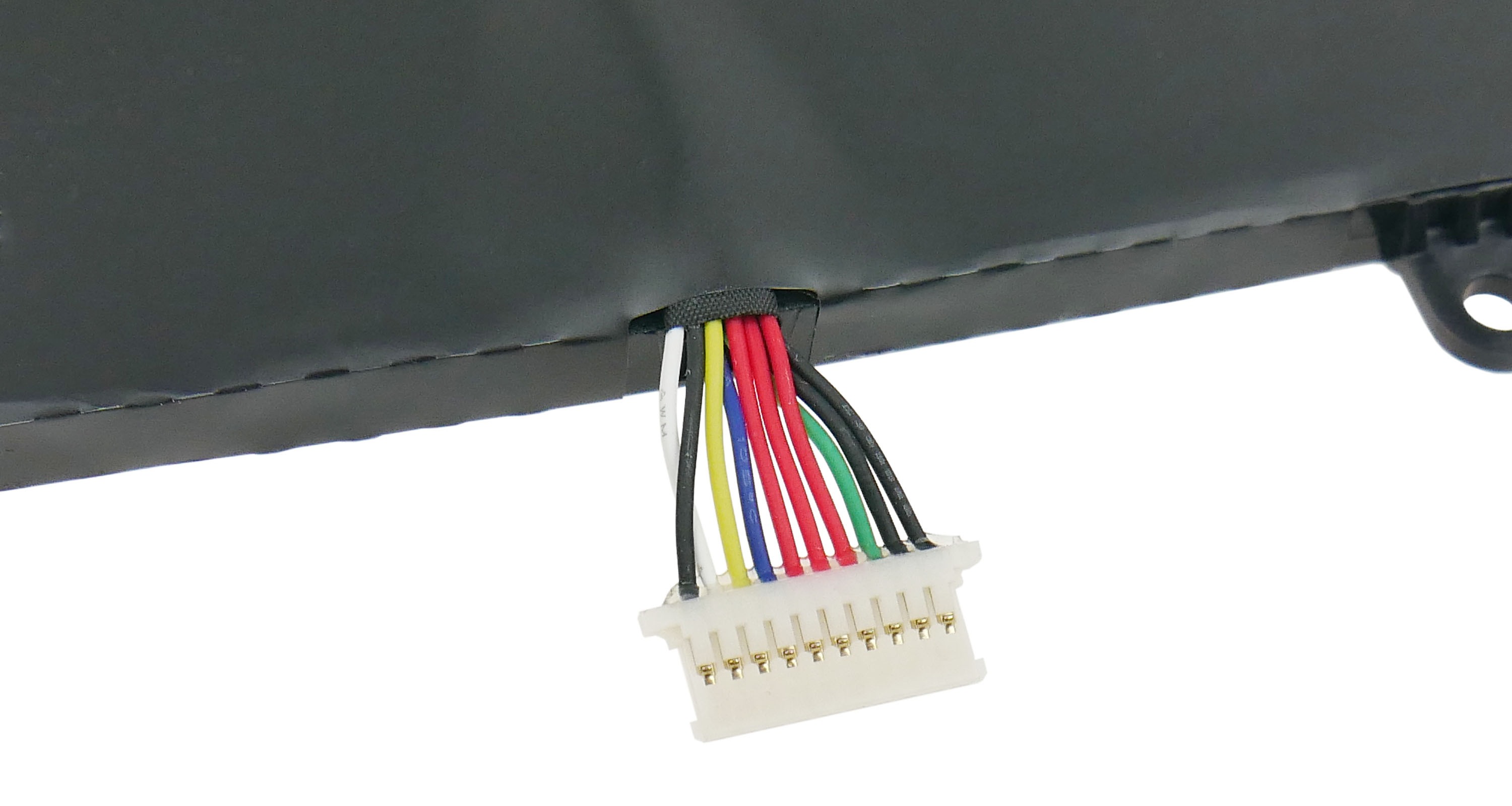 Czarny akumulator z białym złączem i kolorowymi przewodami.