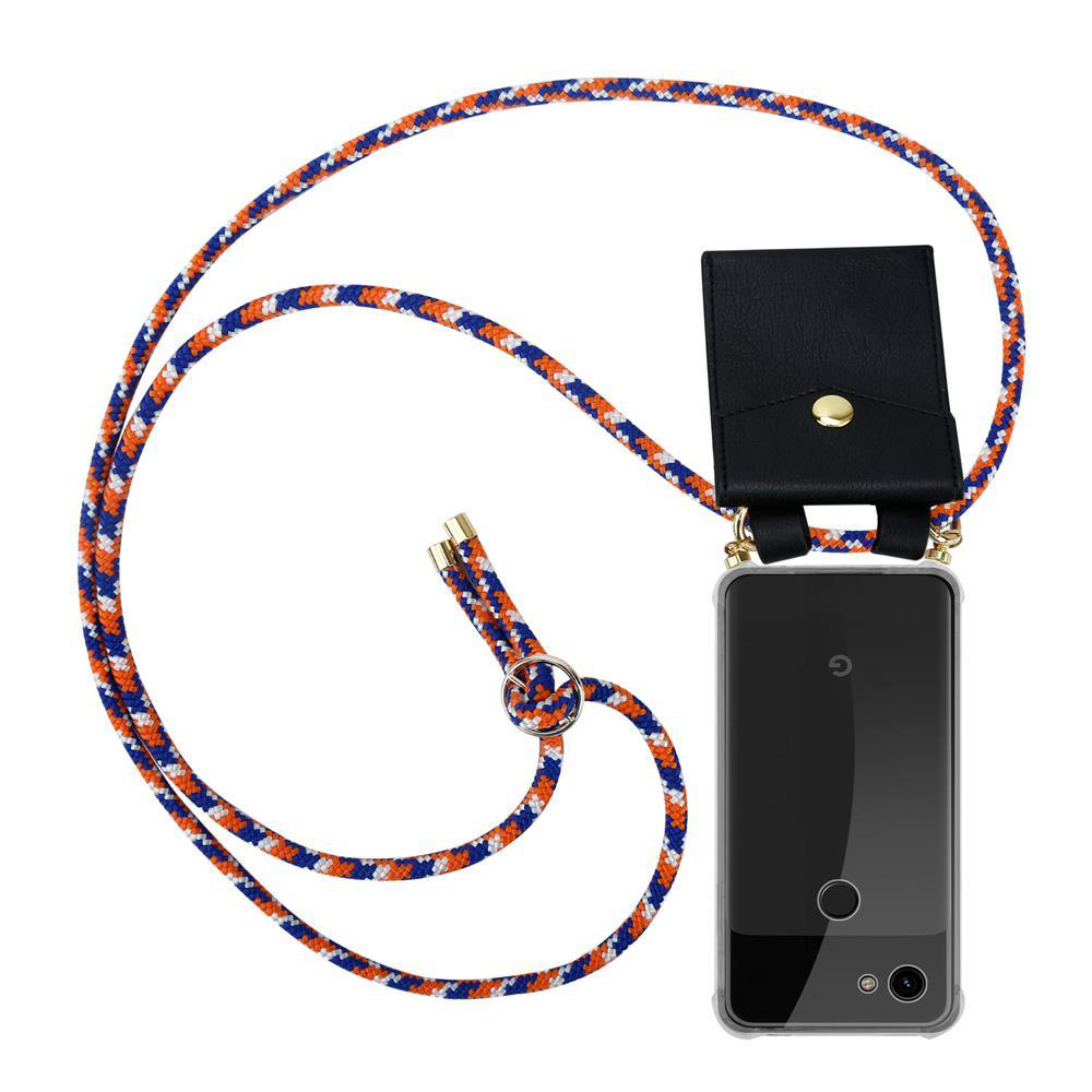 Ein Handy mit einem Band in Orange, Weiß und Blau, das um den Hals getragen wird.