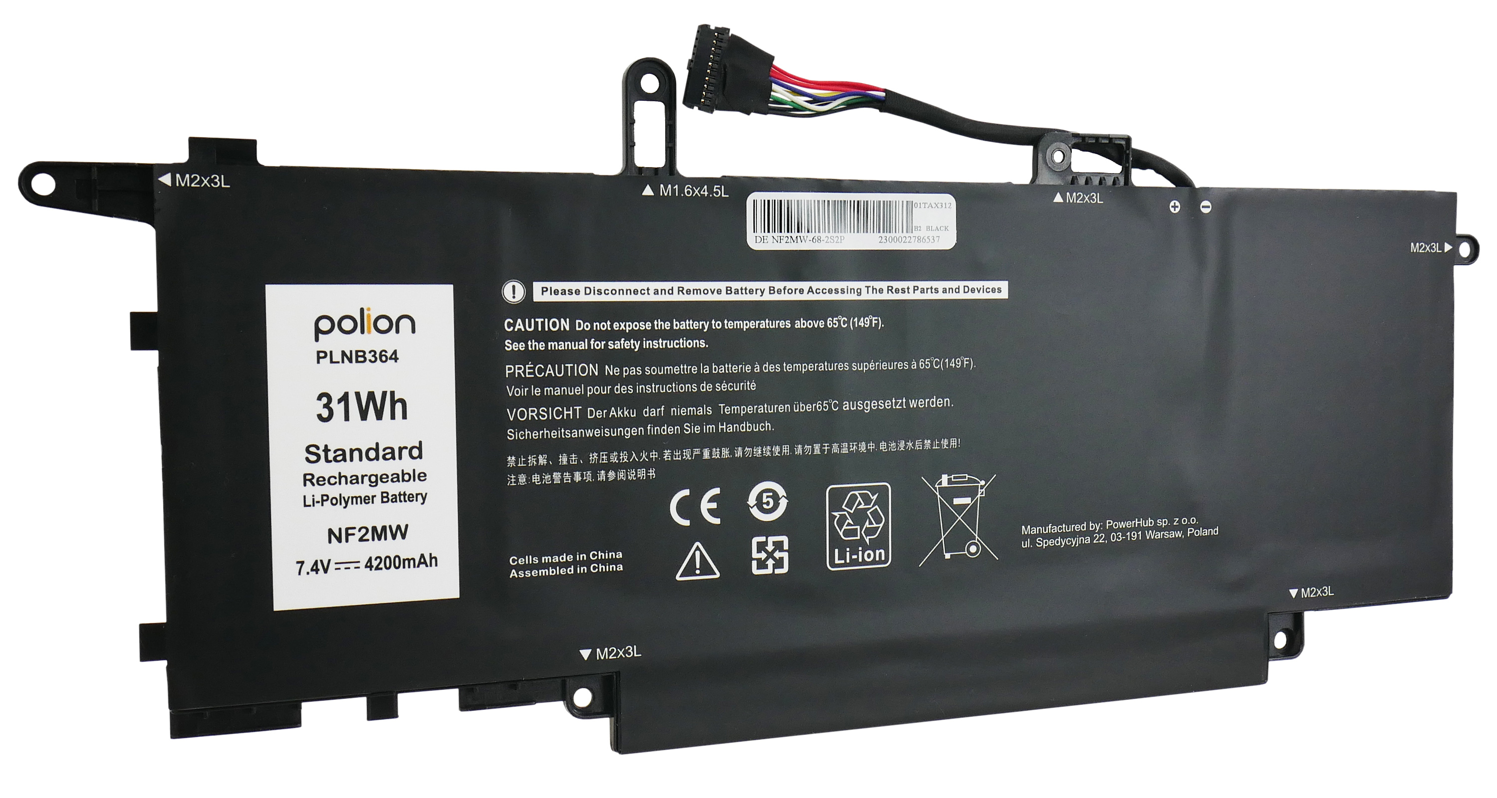 Czarna bateria do laptopa, 31Wh, 7.4V, 4200mAh, z kablem i etykietami ostrzegawczymi.