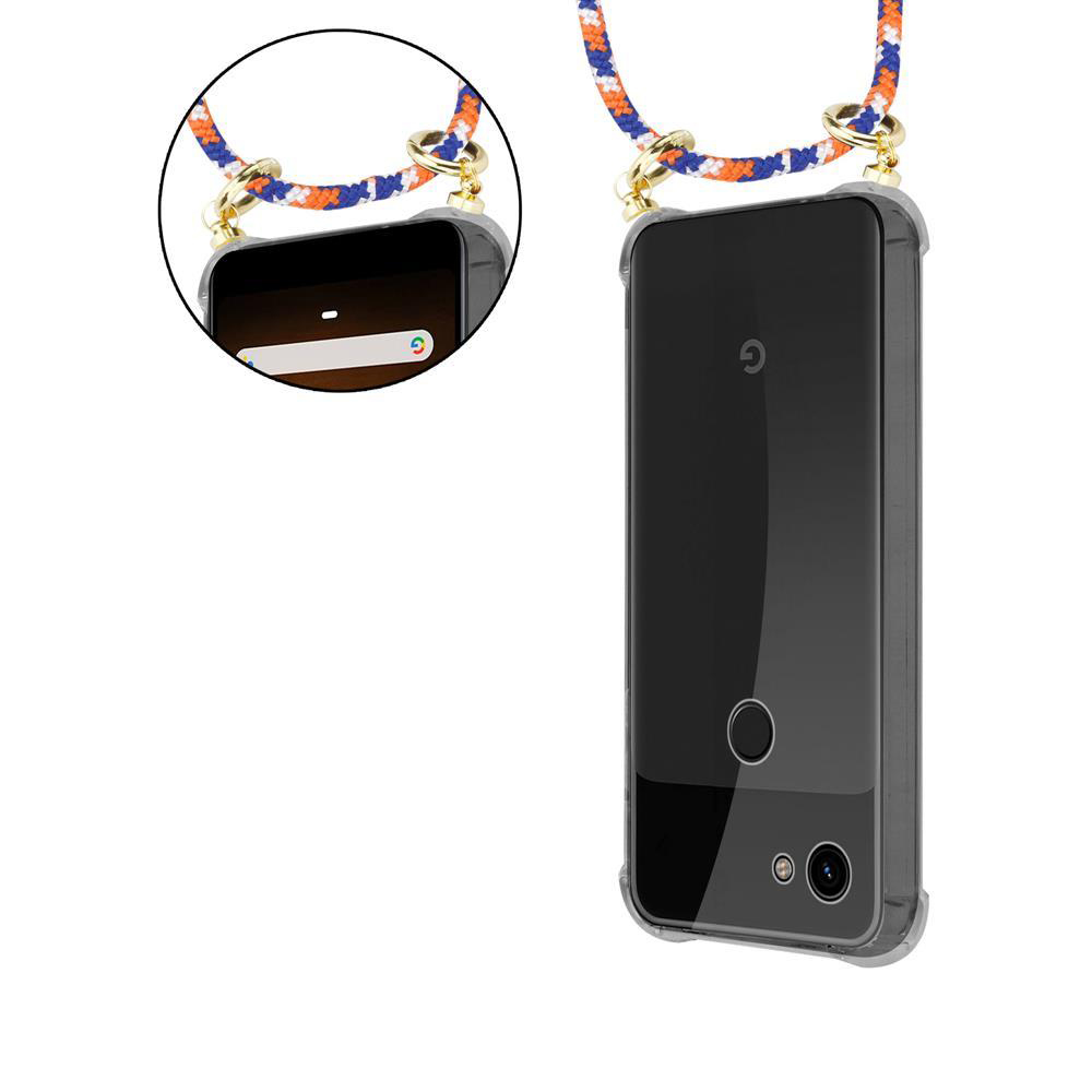 Ein Smartphone mit einem bunten Band, das an der Hülle befestigt ist.
