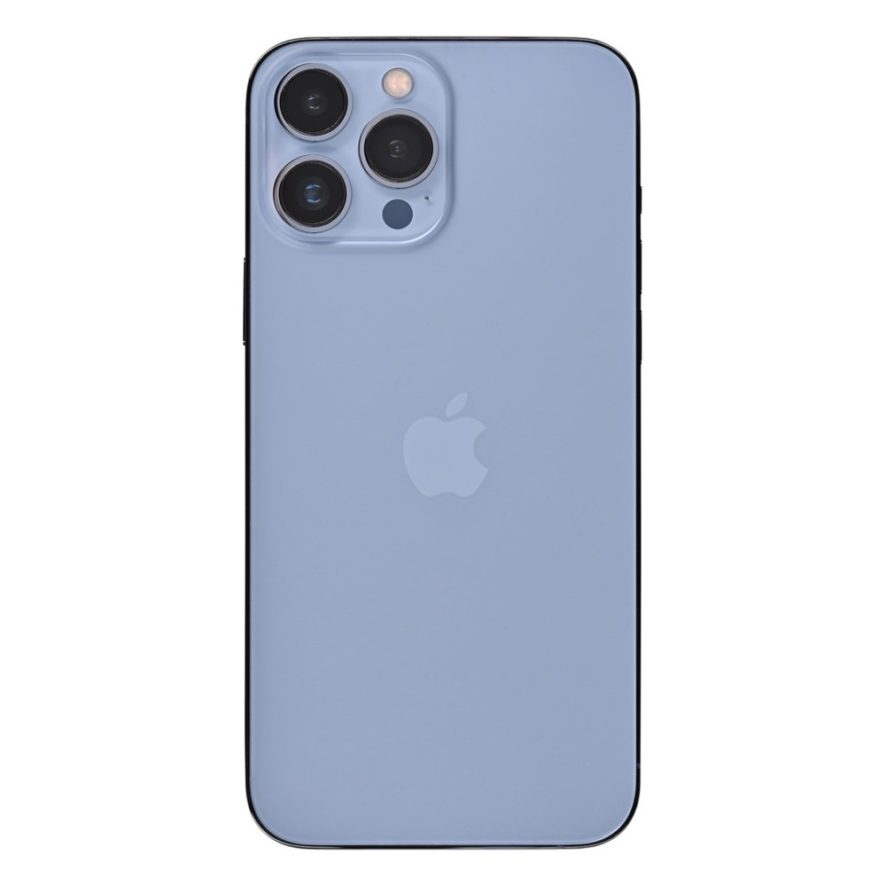 Retro di un iPhone blu con logo Apple e tre fotocamere.