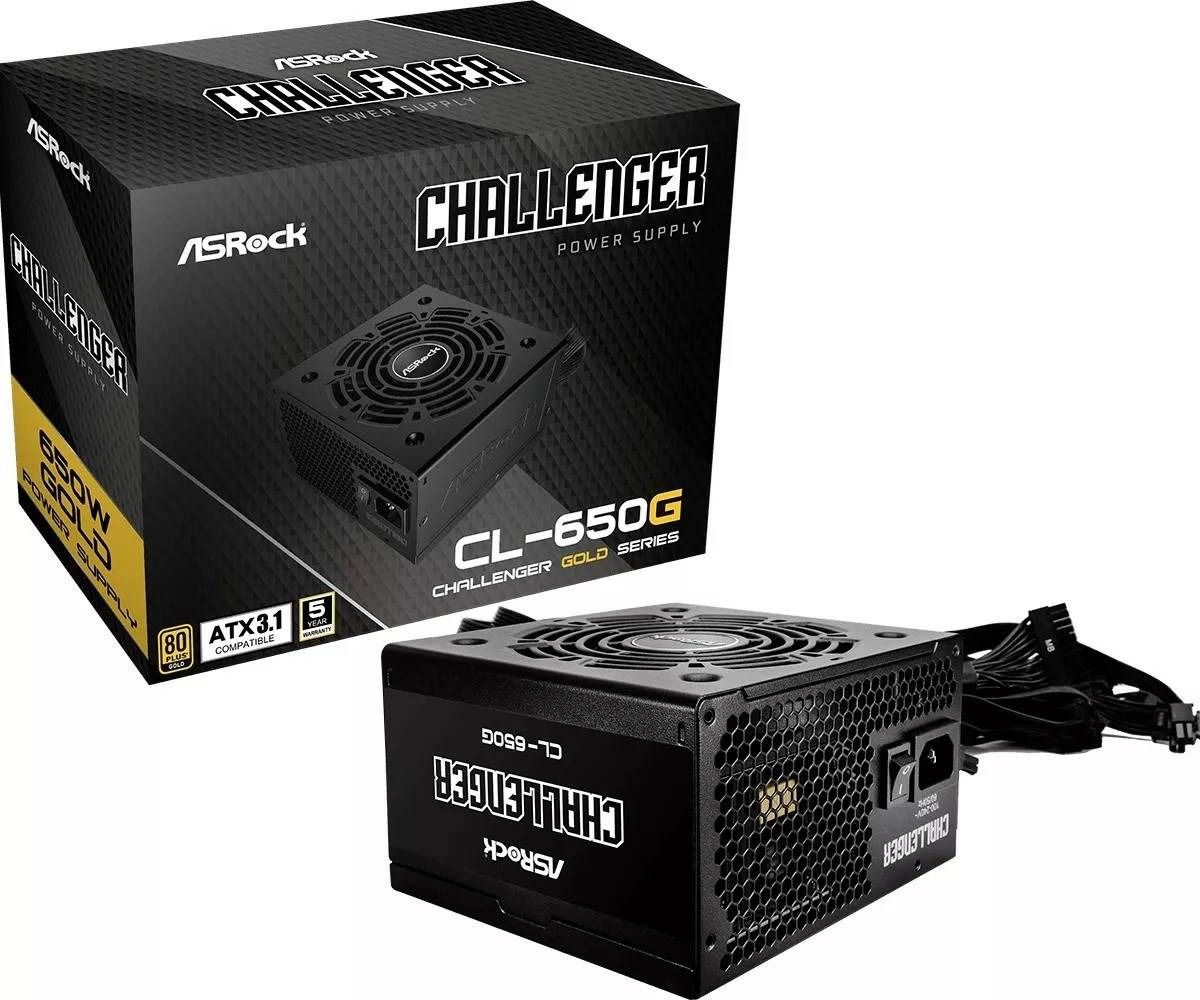 Zasilacz ASRock CL-650G i jego pudełko. Czarny ze złotymi akcentami i tekstem.
