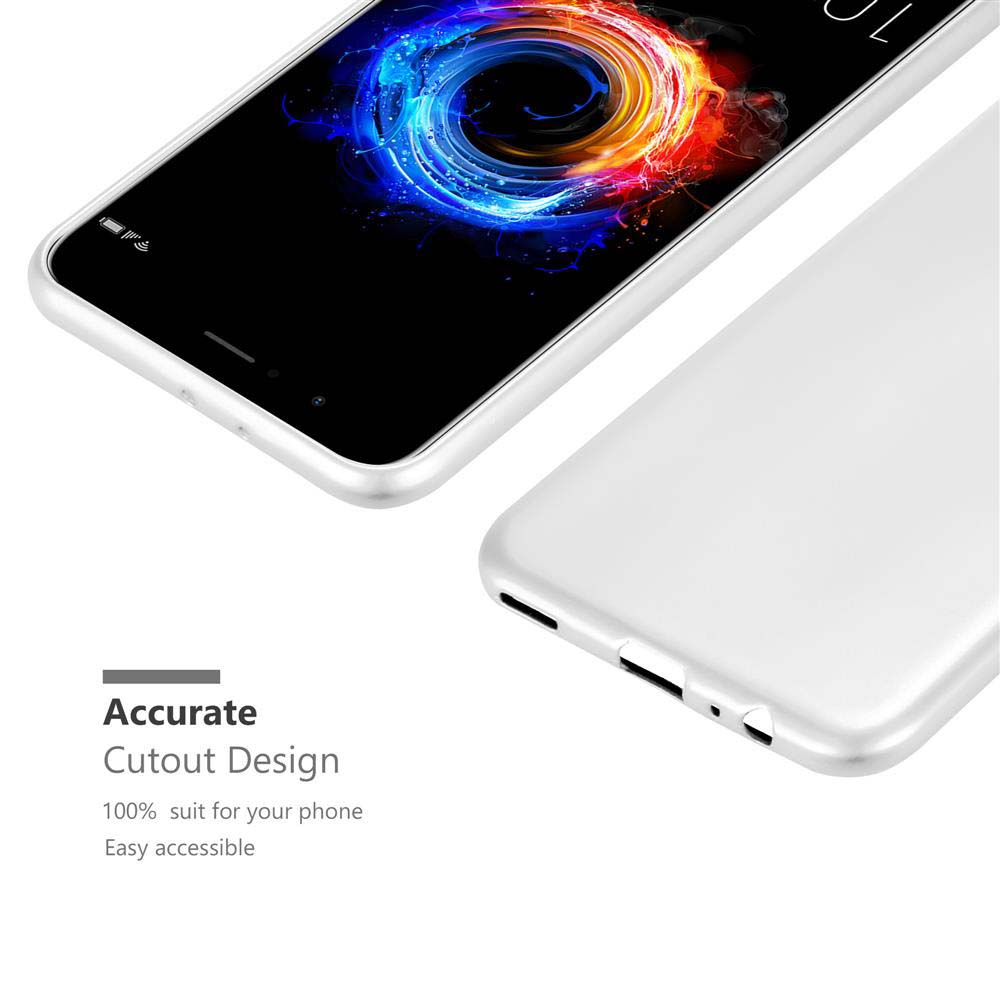 Uno smartphone bianco con uno sfondo astratto colorato, accanto a una custodia bianca.