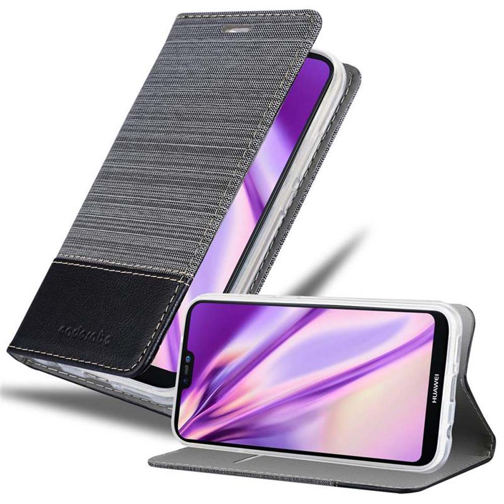 Una custodia a libro per telefono grigia e nera aperta, che mostra un display touchscreen viola.