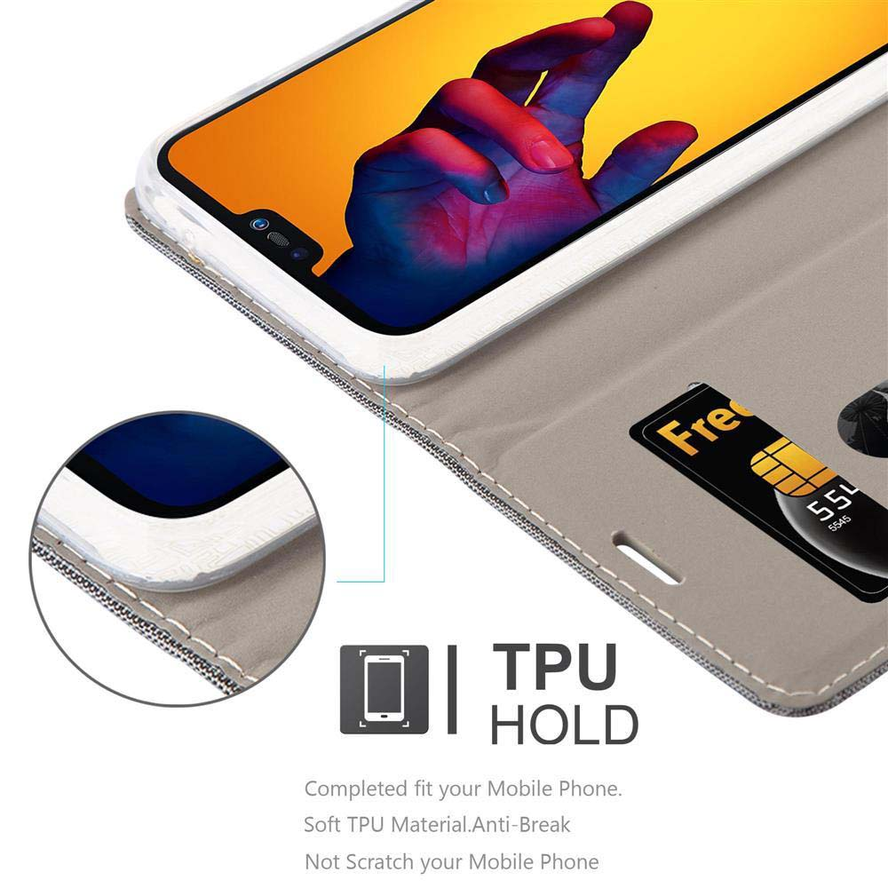 Custodia per telefono con slot per schede, mostra mano su schermo. Testo: TPU HOLD.