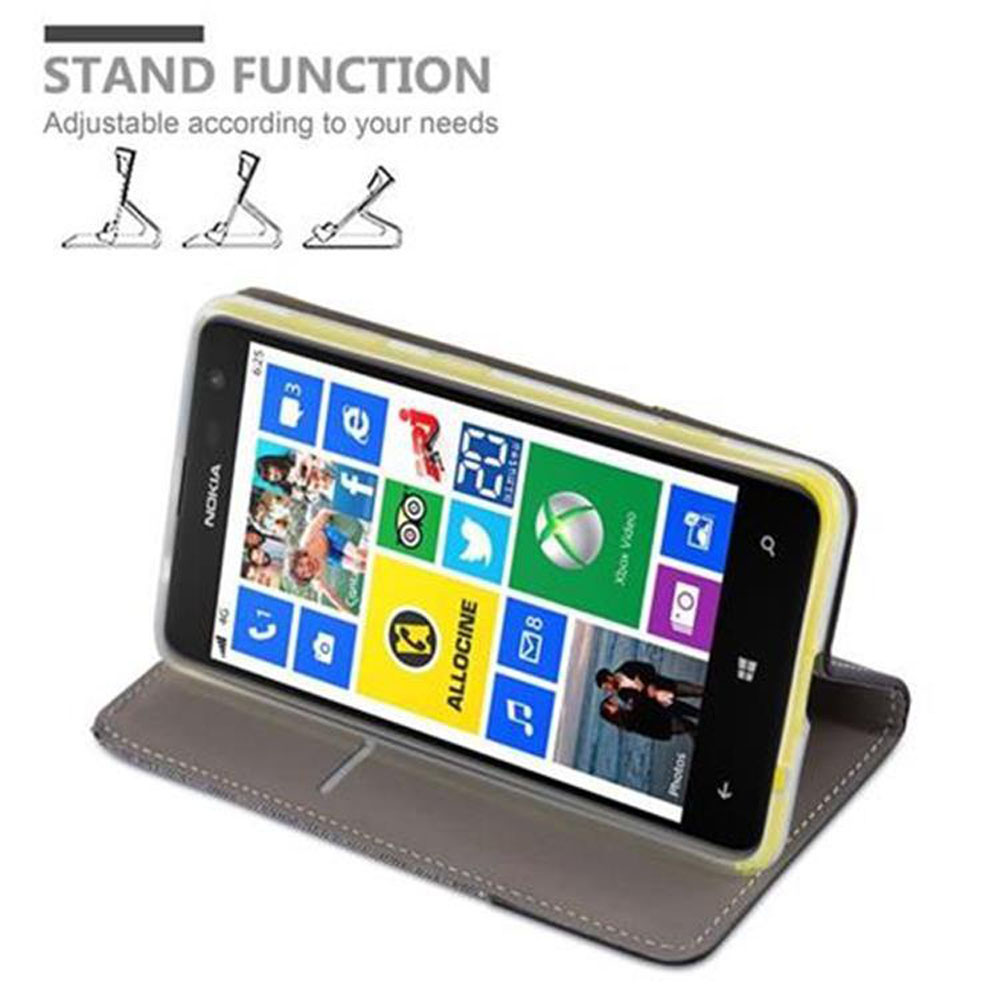 Uno smartphone Nokia in una custodia grigia con funzione stand. Lo schermo mostra le app.