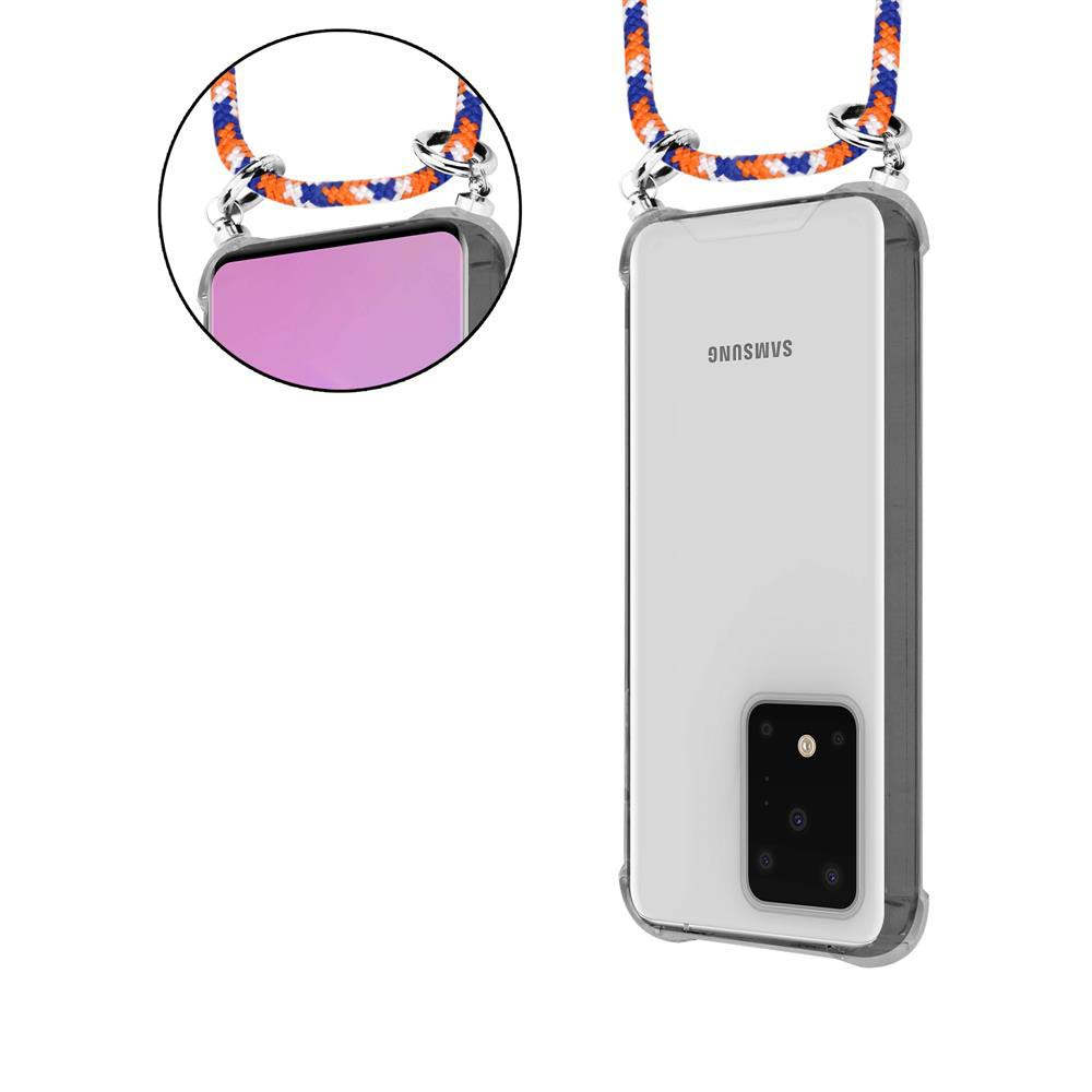 Un telefono Samsung in una custodia trasparente con un cordino colorato attaccato.