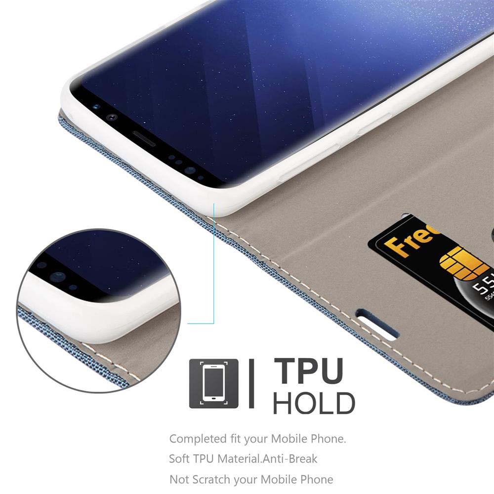 Uno smartphone in una custodia a portafoglio, con "TPU HOLD" e slot per carte.