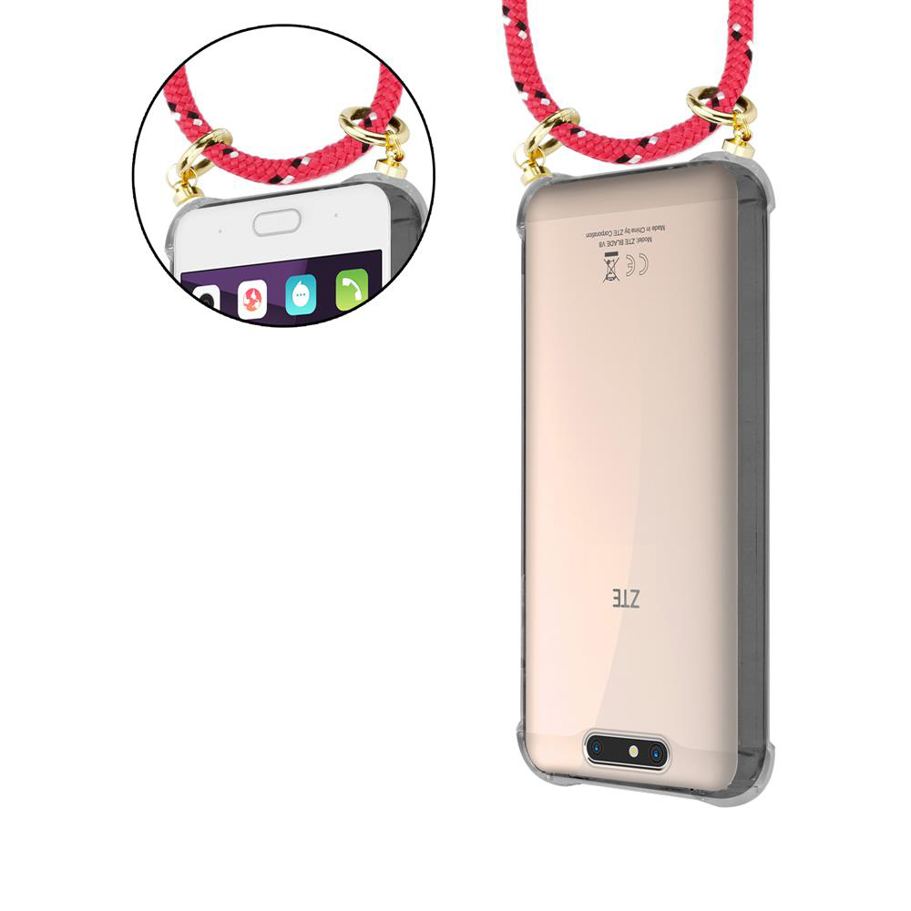 Ein Smartphone mit durchsichtigem Gehäuse und rotem Band hängt an einem Metallring.