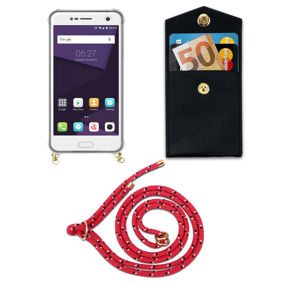 Ein Smartphone, eine schwarze Brieftasche mit Karten und Geld und ein rotes Seil.