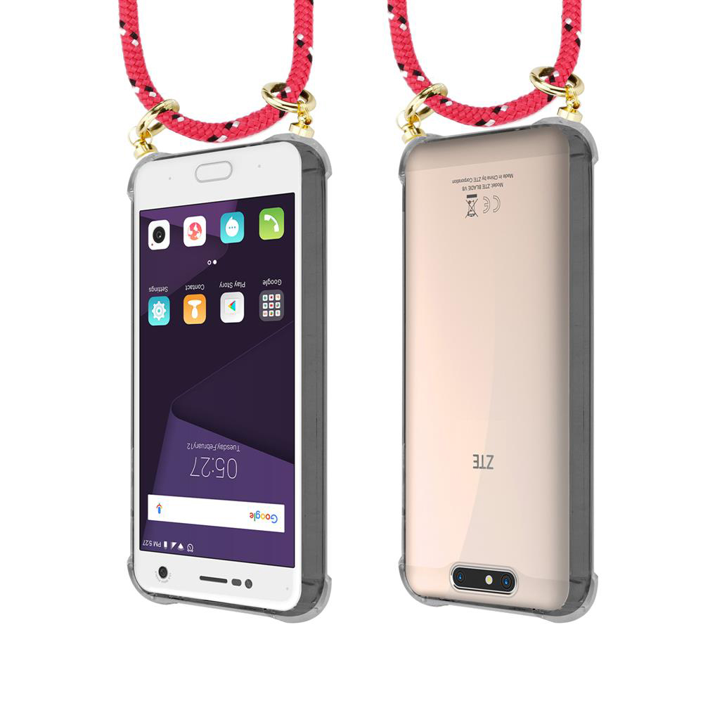Zwei ZTE Smartphones mit roten Lanyards, eines zeigt den Bildschirm, das andere die Rückseite.