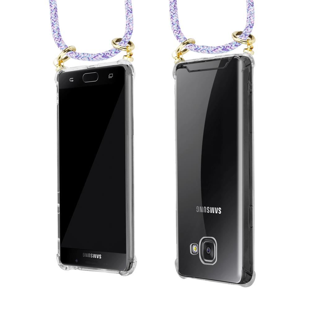 Dos teléfonos Samsung en fundas transparentes con cordones morados.